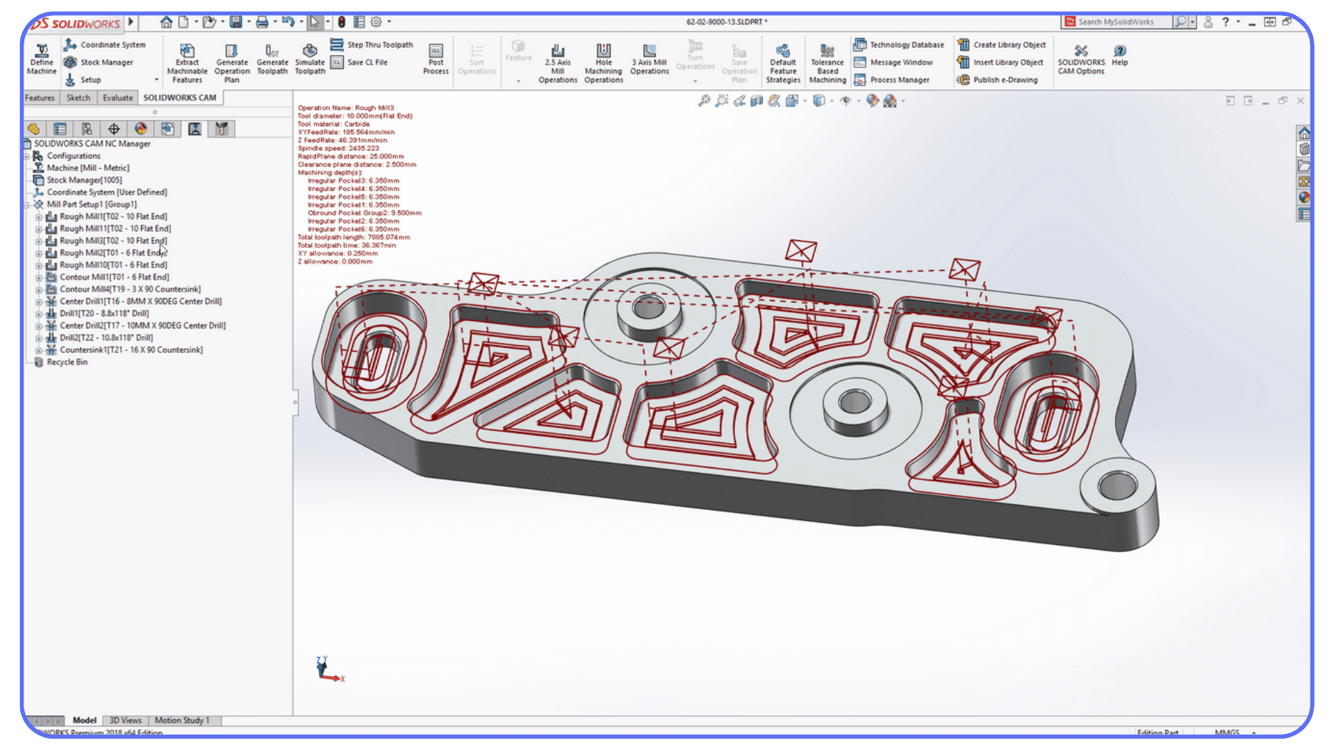 SolidWorks CAM screen displaying toolpaths and machining operations on a metal part.