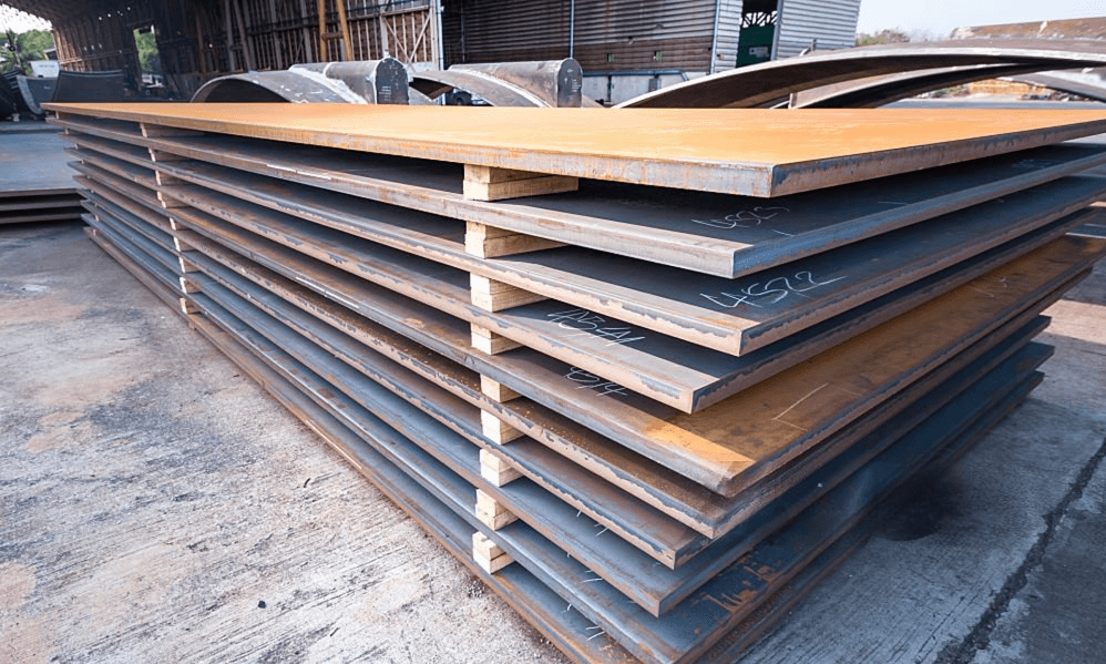 MS Plate &nbsp;stacked at  Durg distribution yard — ready for dispatch across Chhattisgarh and Central India.