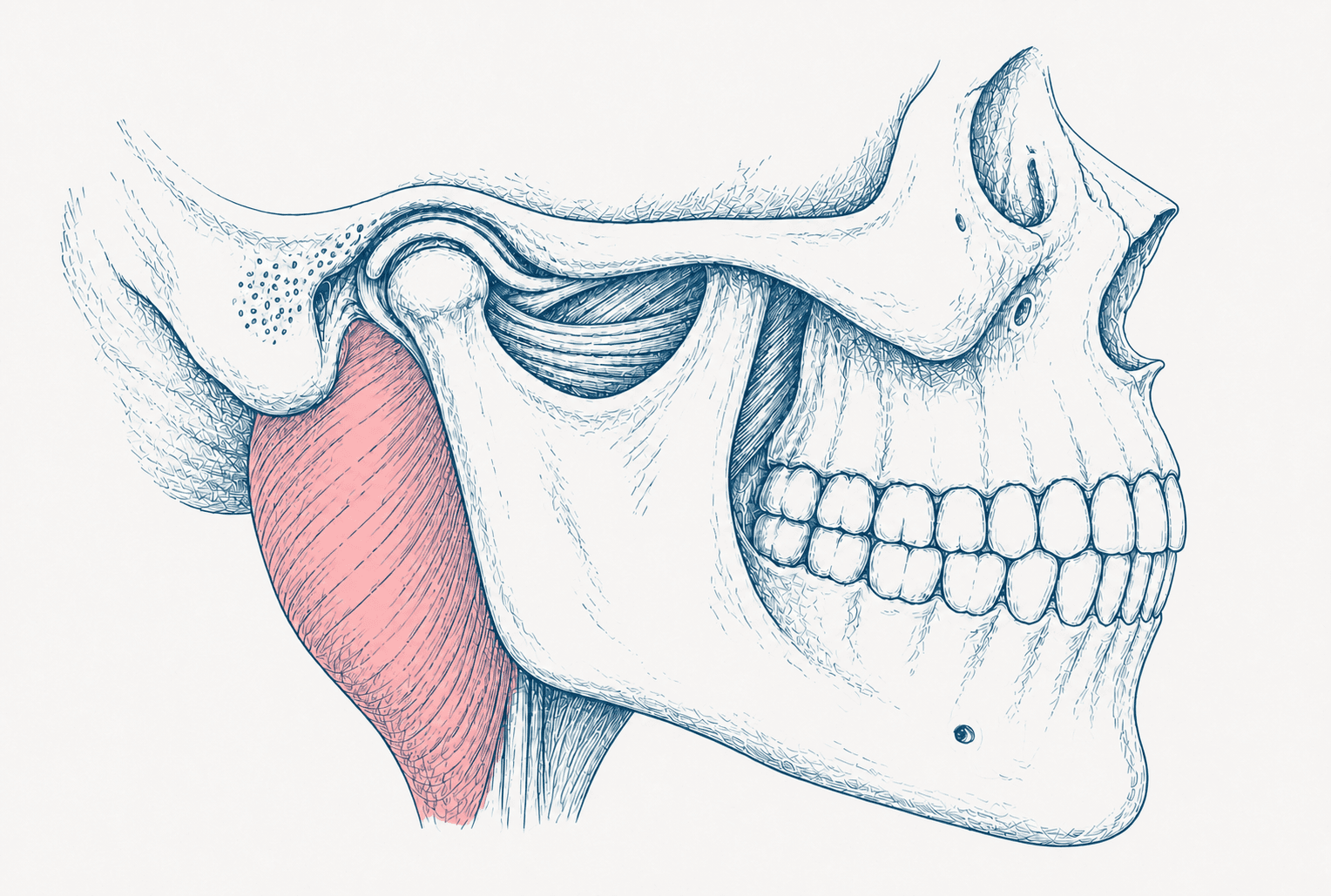 Anatomische Illustration des Massetermuskels bei Zähneknirschen und CMD-Beschwerden