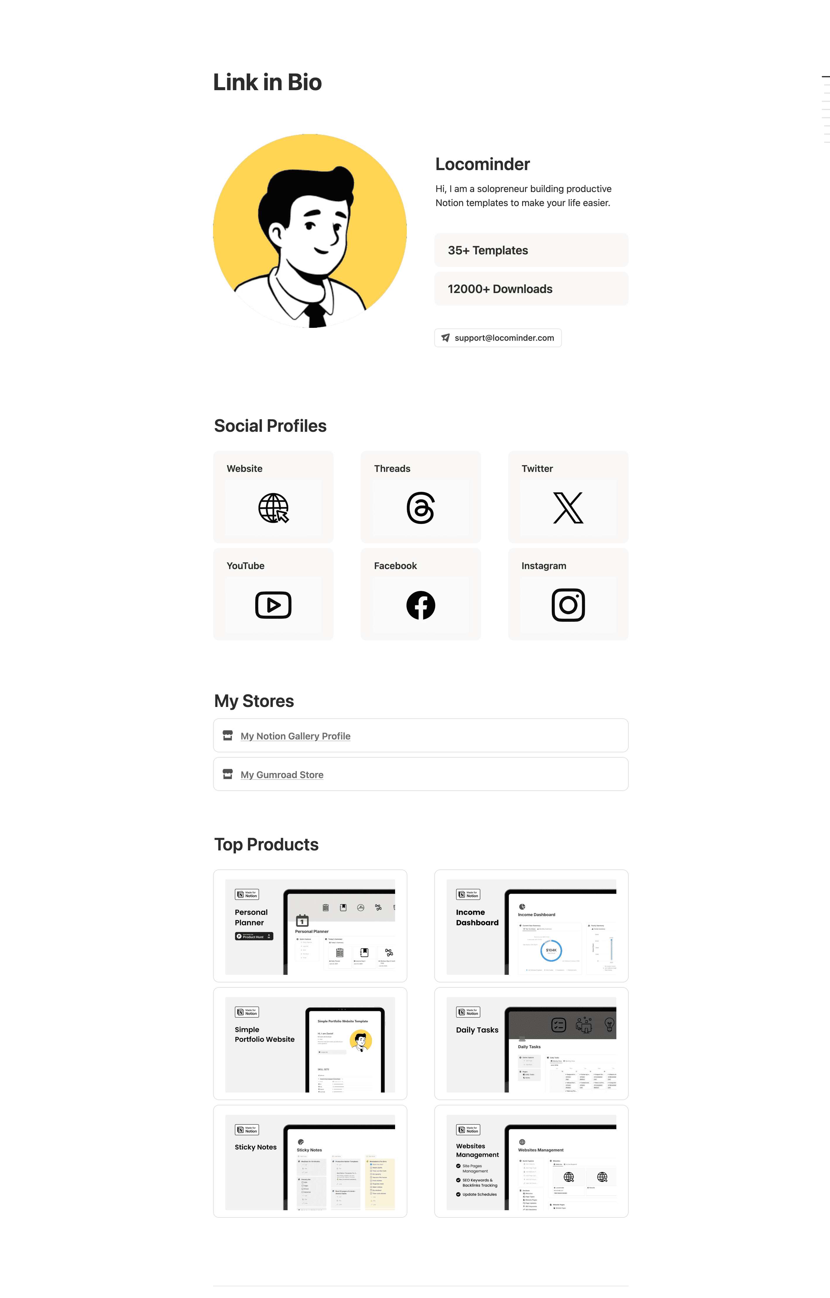 Link in Bio Notion template for organizing social media and website links