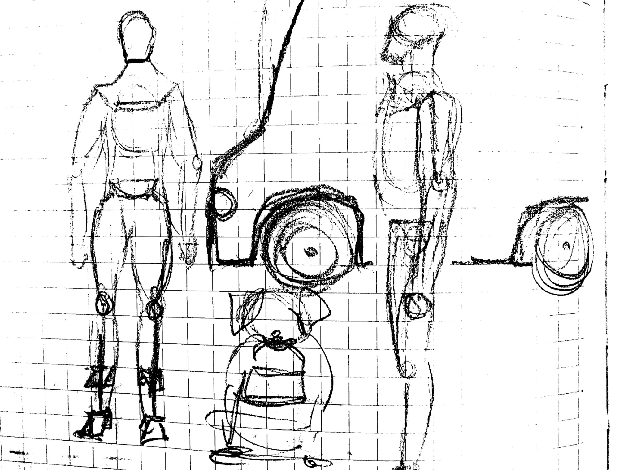 A fine tip felt marker sketch of the anatomy of two painters, a dog with a paint can, and a work van in the background.