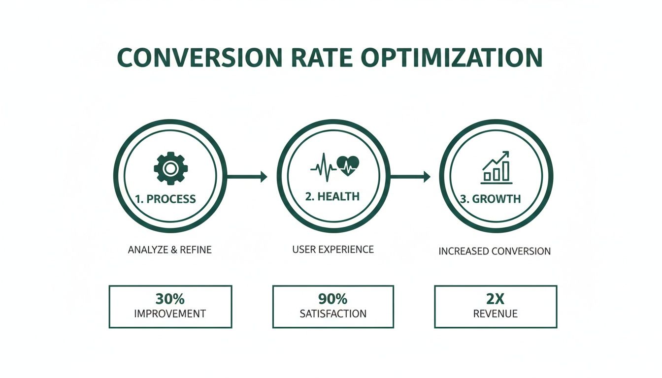 Infographic showing a three-step conversion rate optimization process with steps for improvement, user satisfaction, and revenue growth.
