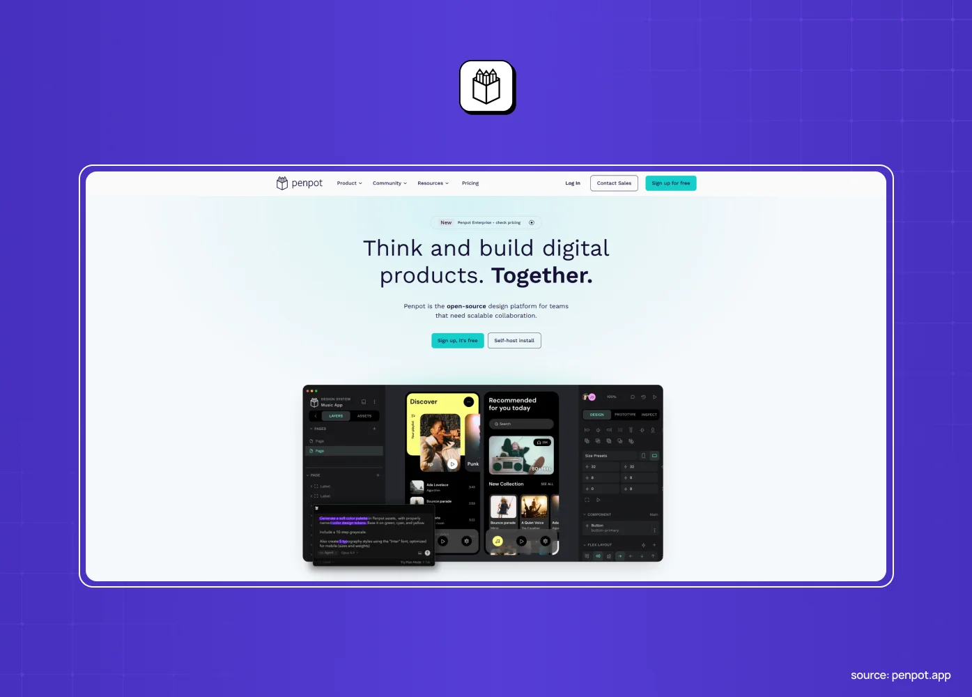 Penpot homepage screenshot showing the think and build digital products together headline above the open-source design editor interface.