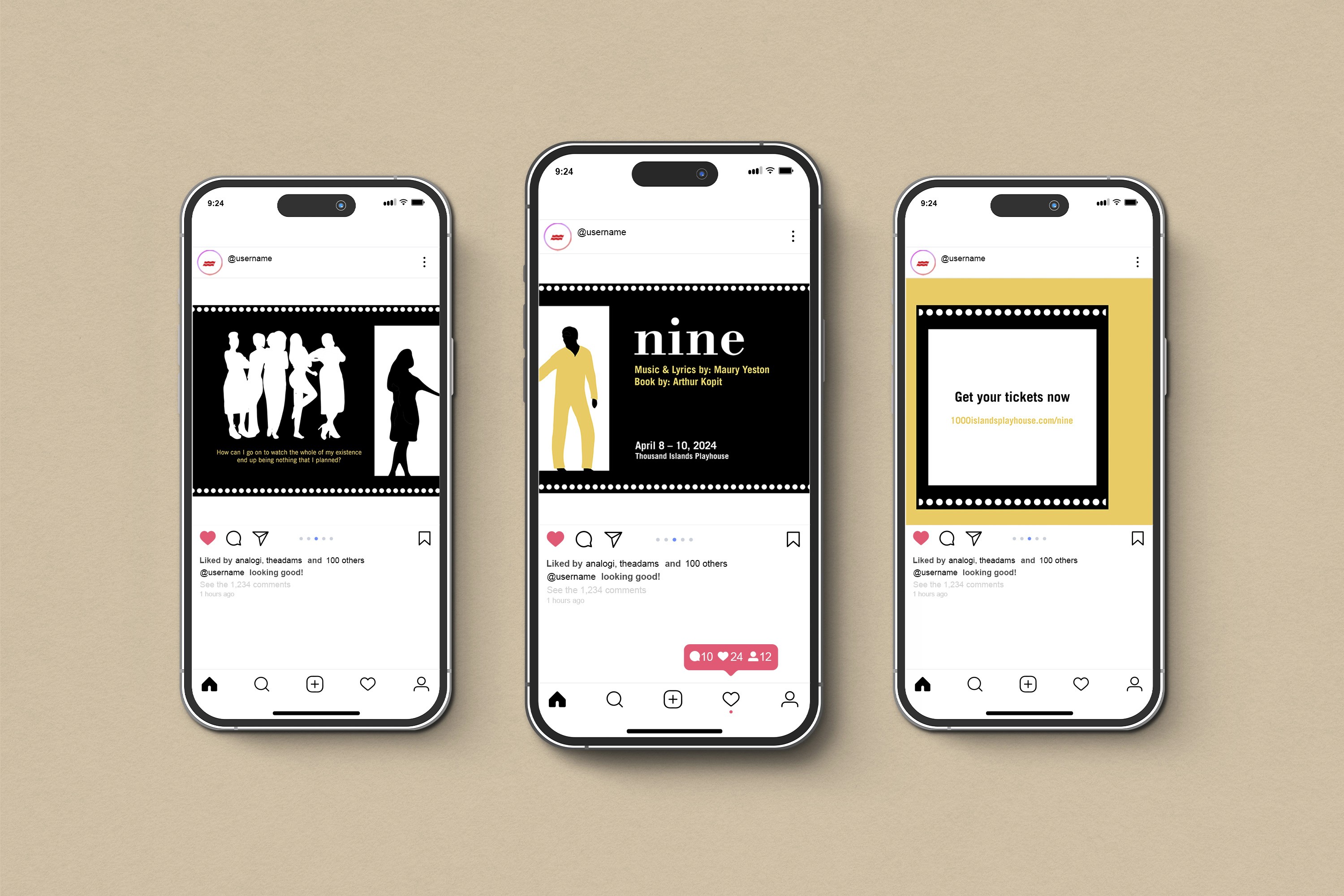 Social media carousel for the promotion of Nine the musical