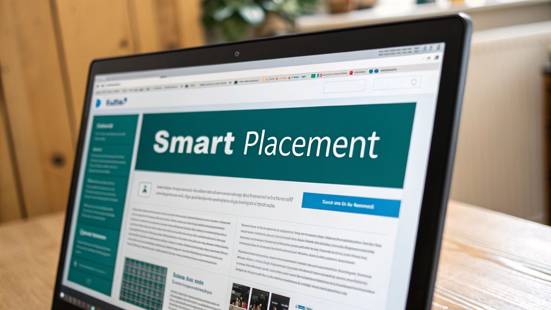 Laptop screen displaying a professional website with a 'Smart Placement' banner and a company logo.
