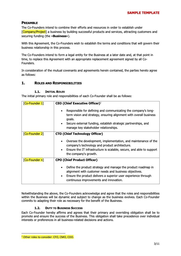 Co-Founder Agreement - first page of the contract