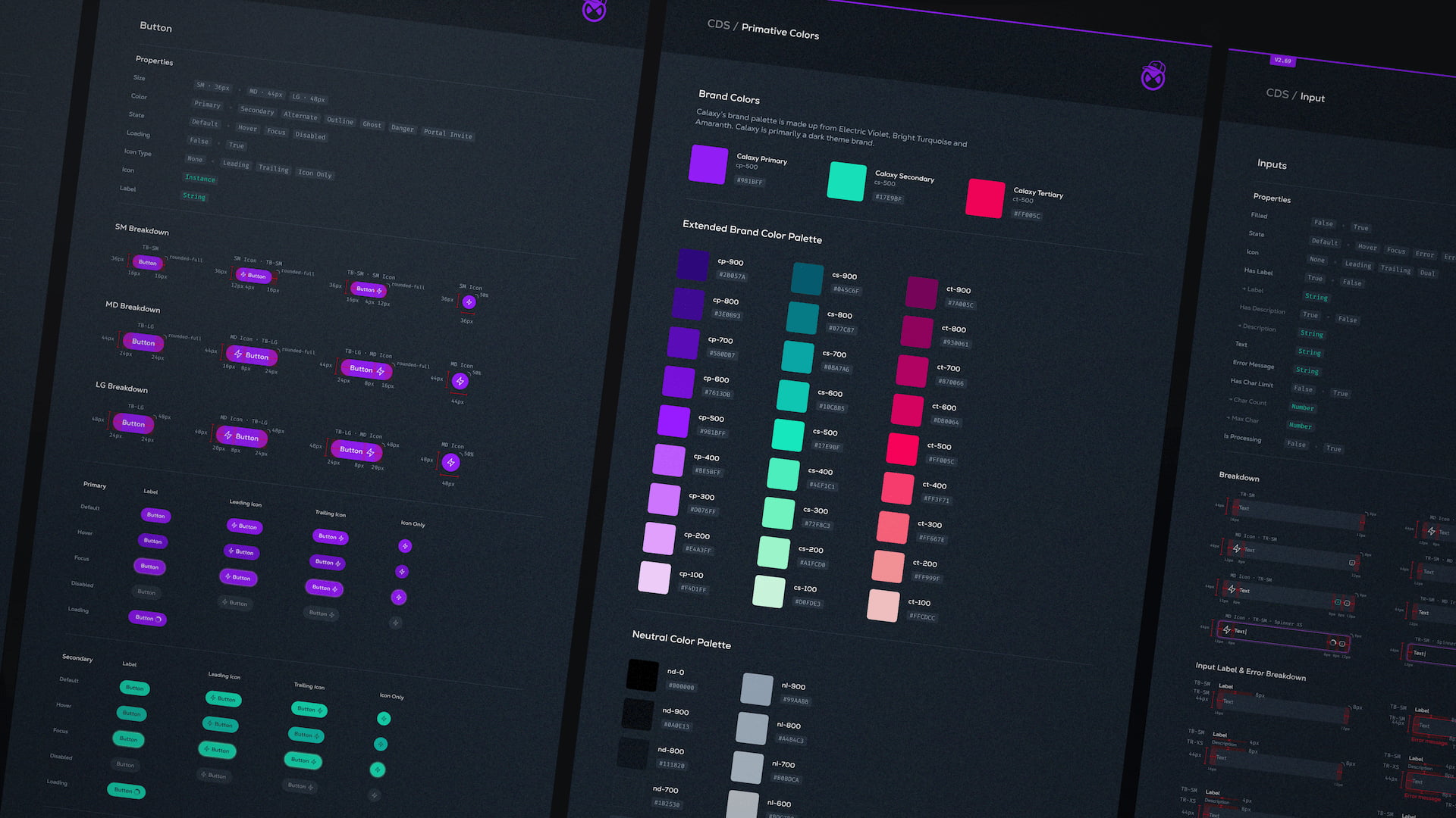 Calaxy Design System overview - comprehensive view showing button variants, brand color palette, and input component documentation for blockchain social platform UI kit
