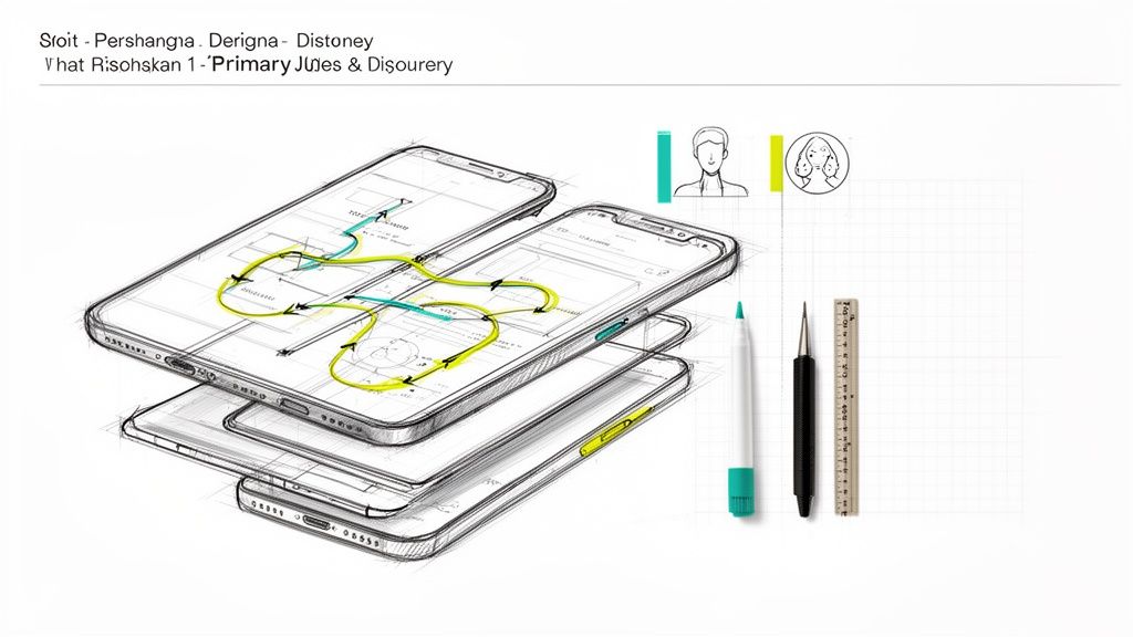 A conceptual sketch showing stacked mobile phone screens with UI/UX flow diagrams, design tools, and user icons.