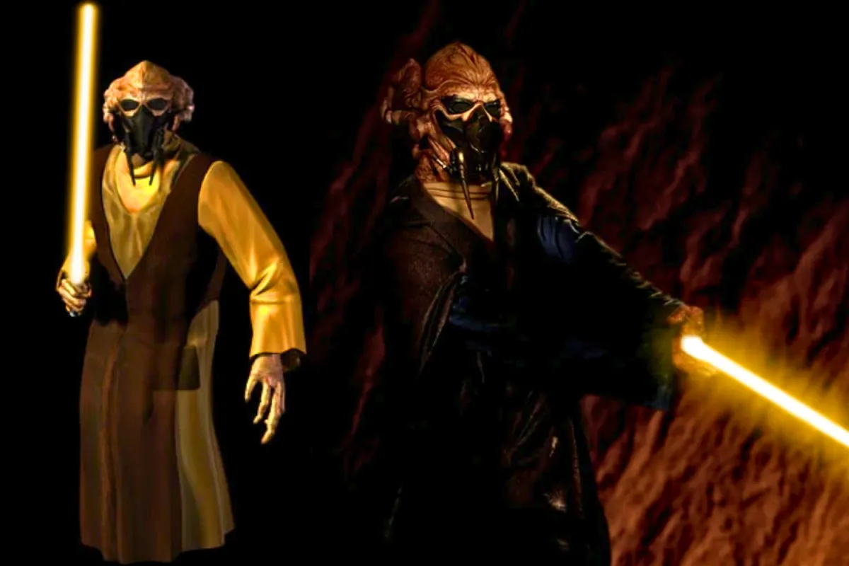 Two depictions of Jedi Master Plo Koon wielding a yellow lightsaber, one from an early video game and the other a more detailed modern interpretation. The left figure features a simplistic design with a bright yellow tunic, while the right shows a darker, more textured Jedi robe. The glowing yellow lightsabers contrast against the dark background, emphasizing Plo Koon’s unique weapon variations in Star Wars Legends.