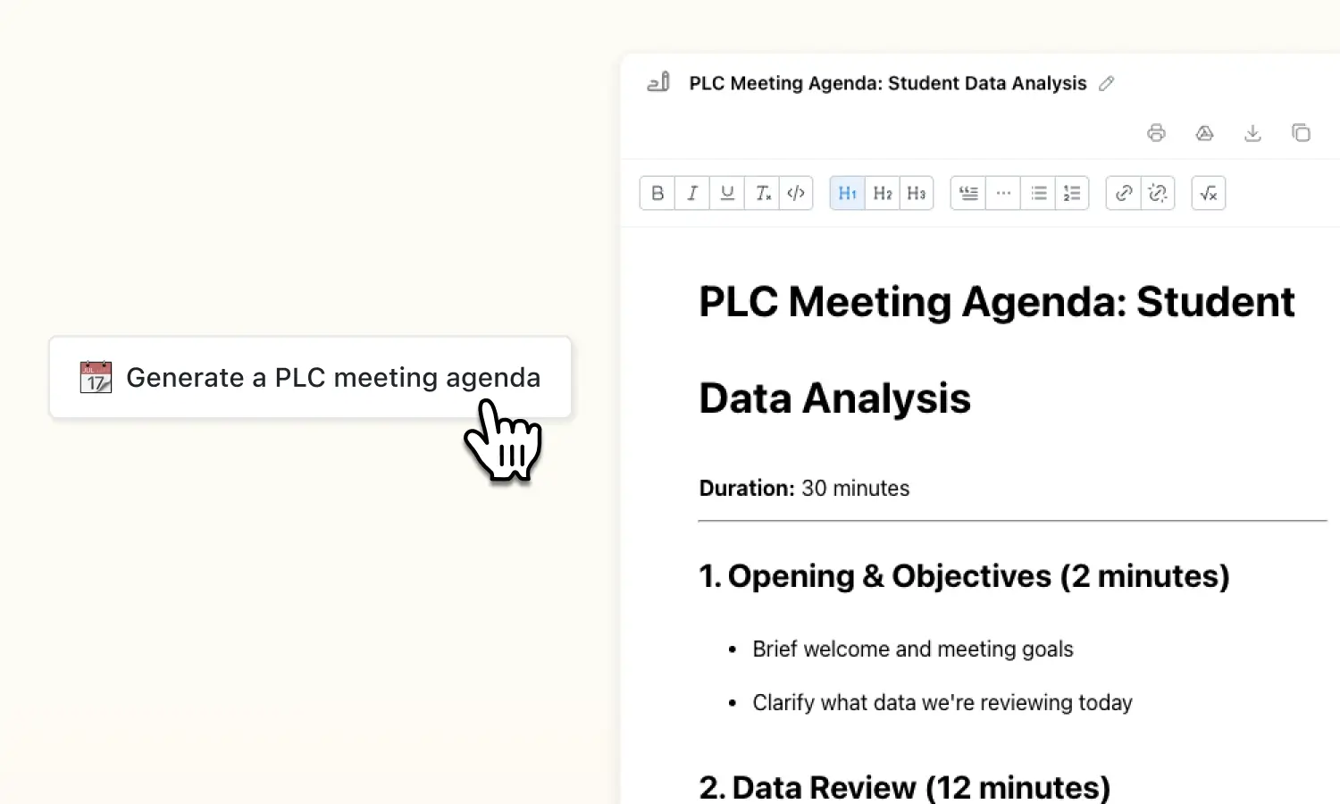 PLC agenda generator thumbnail with screenshot of meeting on student data analysis