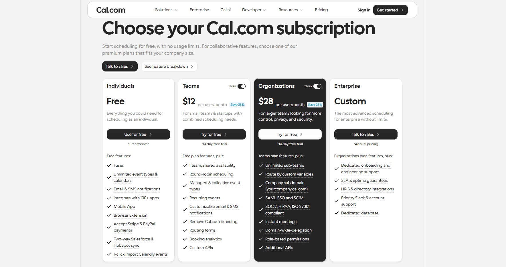 Cal.com subscription plans