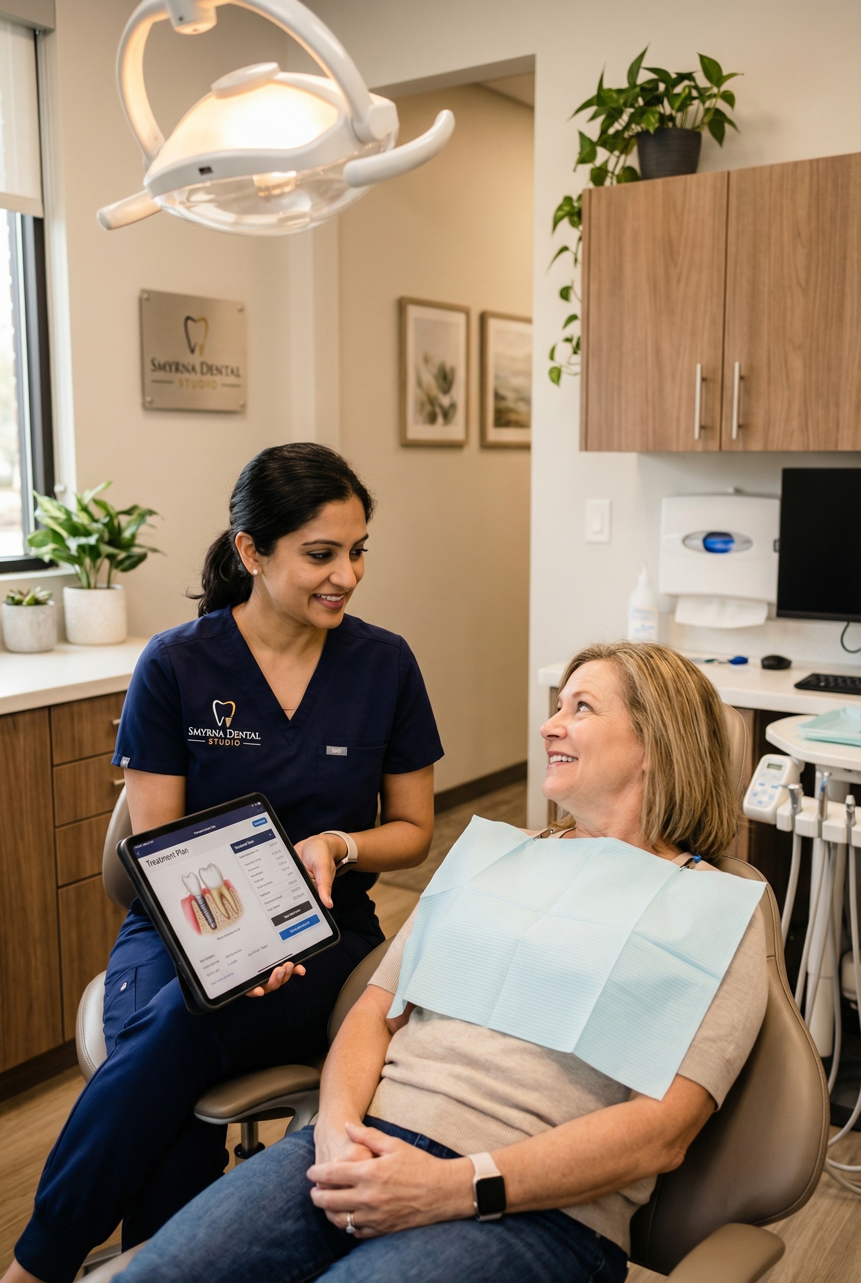 Dr. Kanchwala discussing dental implant treatment options and pricing with patient at Smyrna Dental Studio consultation