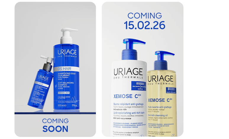 Uriage Shampoo and Personal Care products in white setting, "coming soon" text