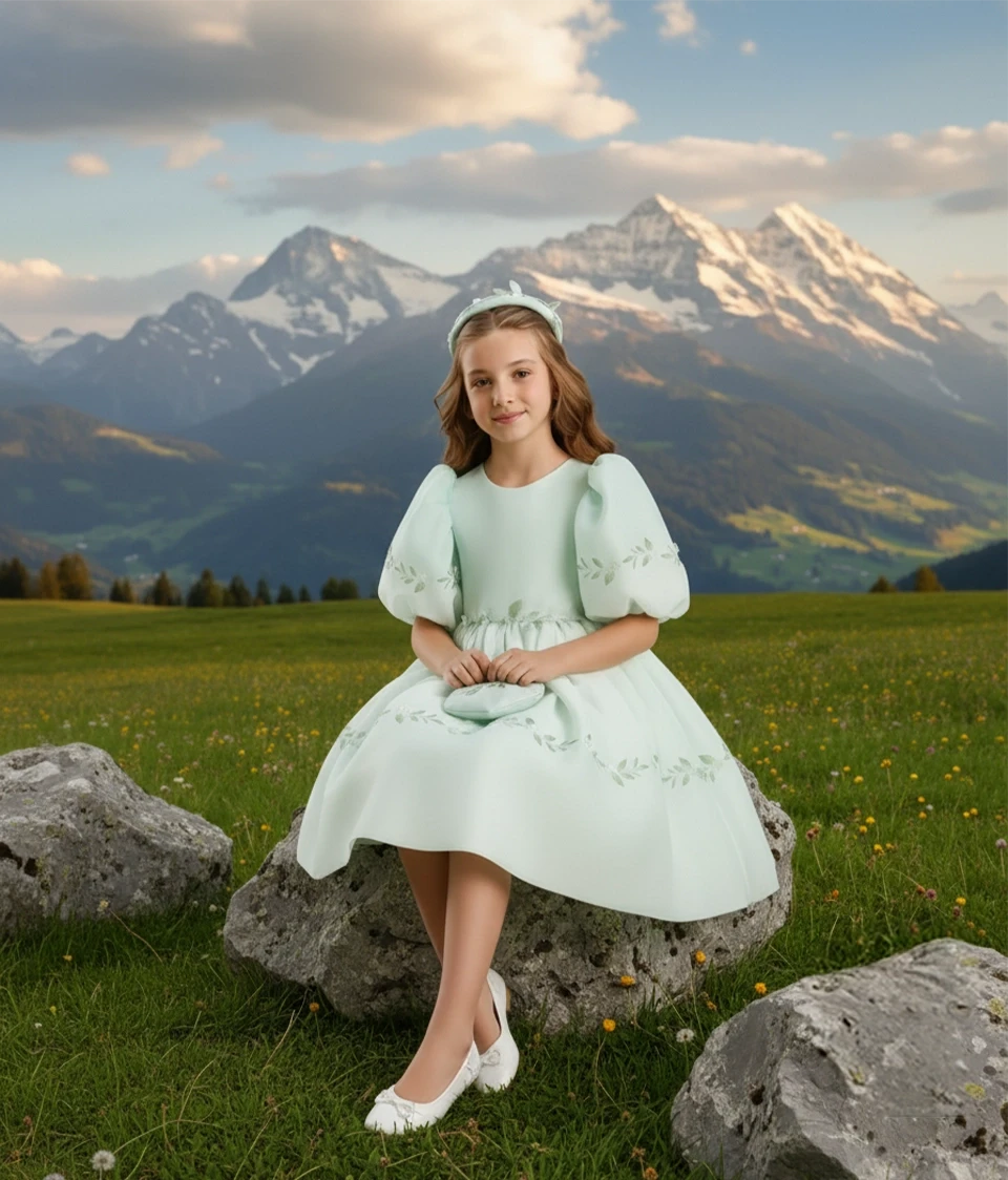 Two children in white dresses stand smiling in front of a large golden structure against a warm, sunny background.