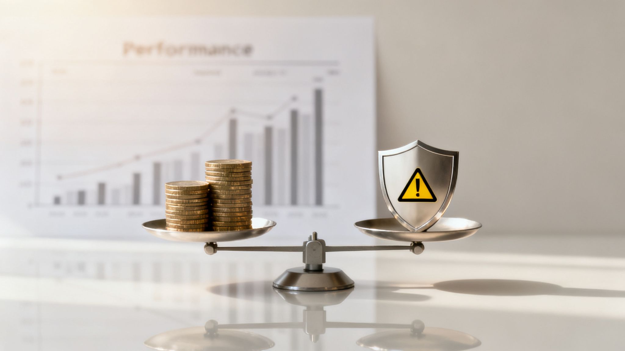 Balance scale with coins and a warning shield, symbolizing financial risk and reward against a performance chart.