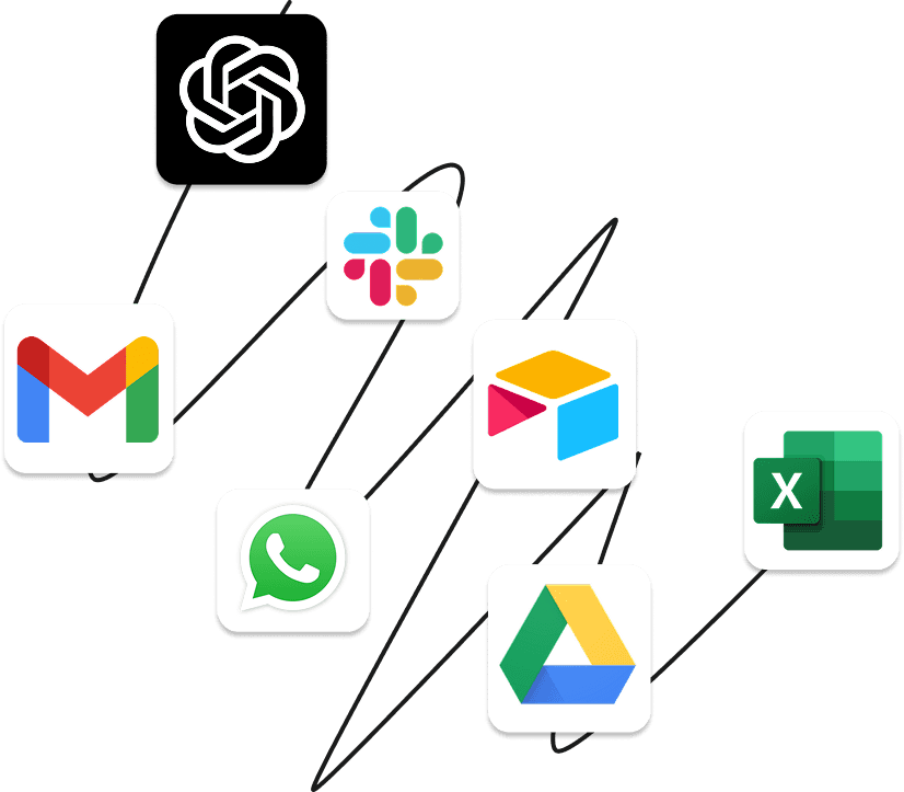 Illustration of scattered app icons symbolizing tool overload and lack of focus.