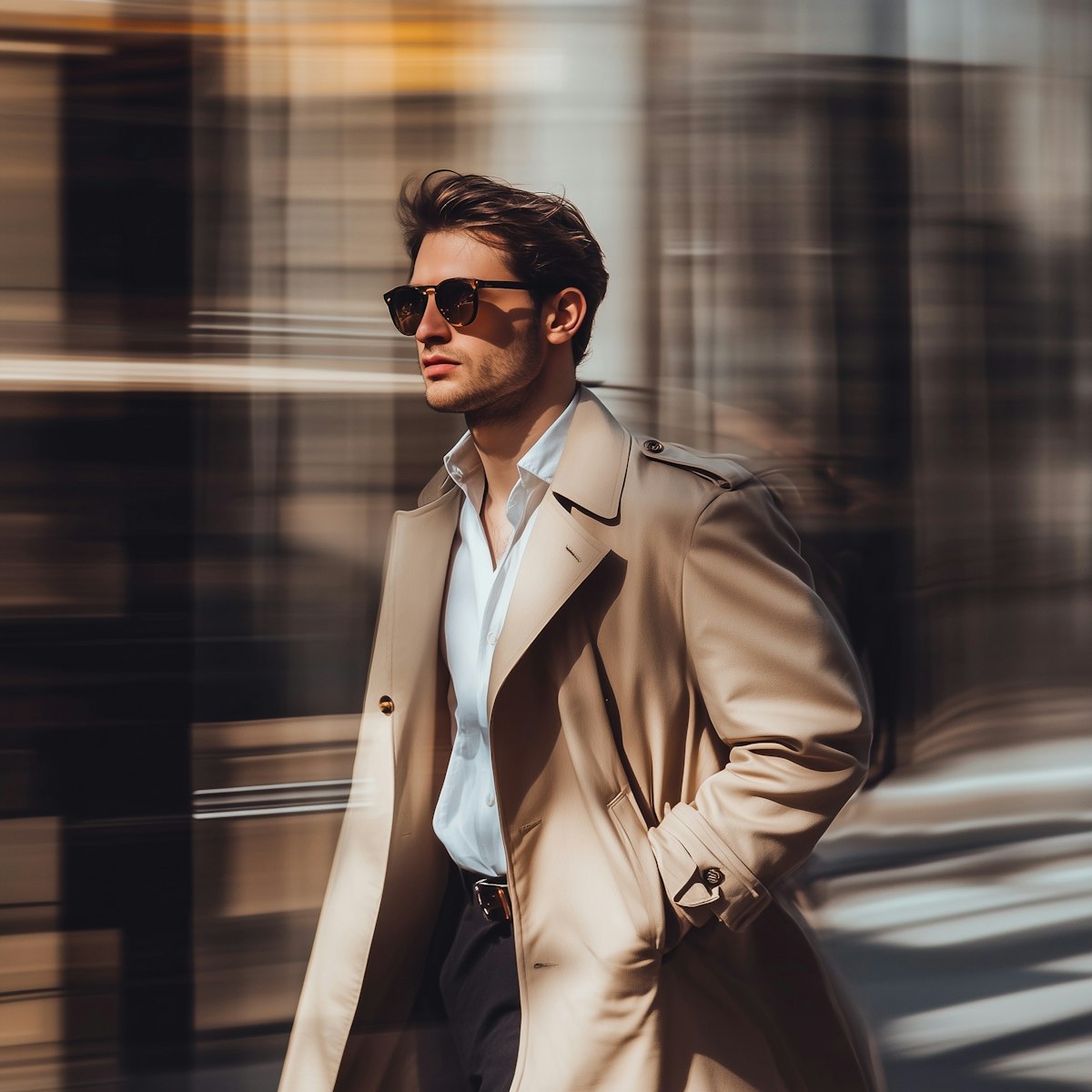 Man in a beige trench coat walking through a city with heavy motion blur.