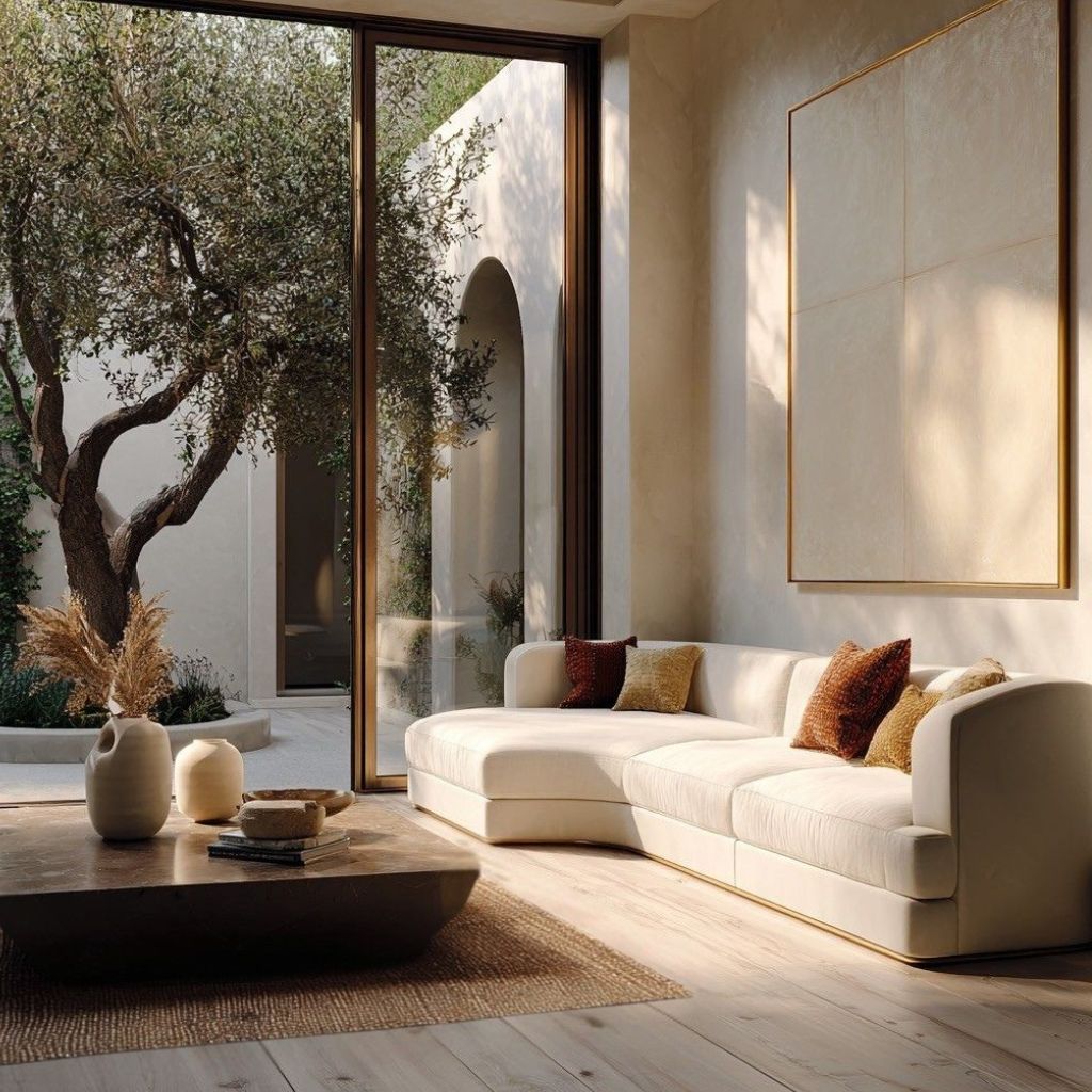 A serene, light-filled living room features a white, modern L-shaped sofa adorned with plush brown and rust-colored pillows, a minimalist wooden coffee table with white ceramic vases, large floor-to-ceiling windows revealing a lush courtyard with an olive tree, and a large abstract painting set against soft, neutral walls.