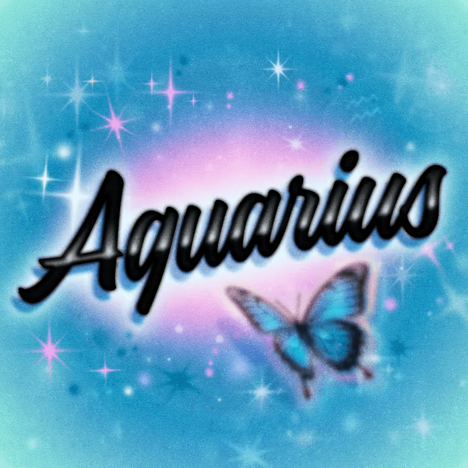 Stylized text reading "Aquarius" with a butterfly design on a blue and sparkly background.