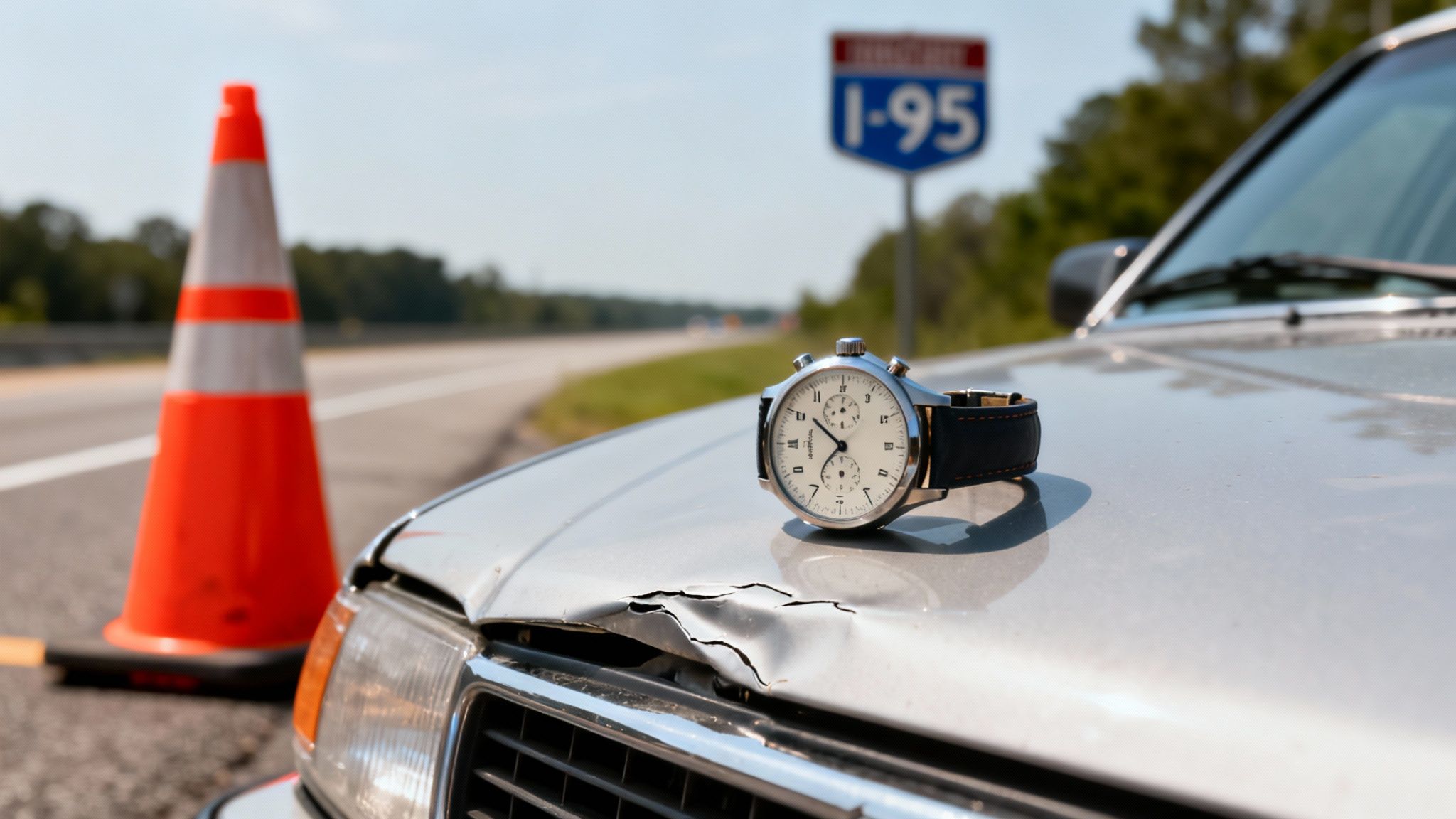 A watch sits on the crumpled hood of a broken-down car with a traffic cone and I-95 sign.