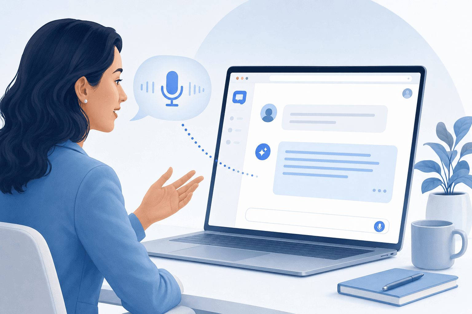 A clean, modern illustration of a professional speaking into a laptop microphone, with a speech bubble converting to text on screen, representing voice-to-text dictation in a browser-based AI chat interface. Soft blue and white color palette, minimal and editorial style.