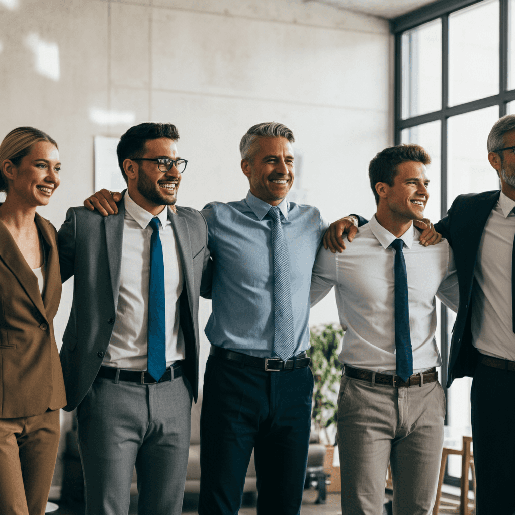 team of businessmen and business women, different ages arm in arm after closing a big project, all are happy