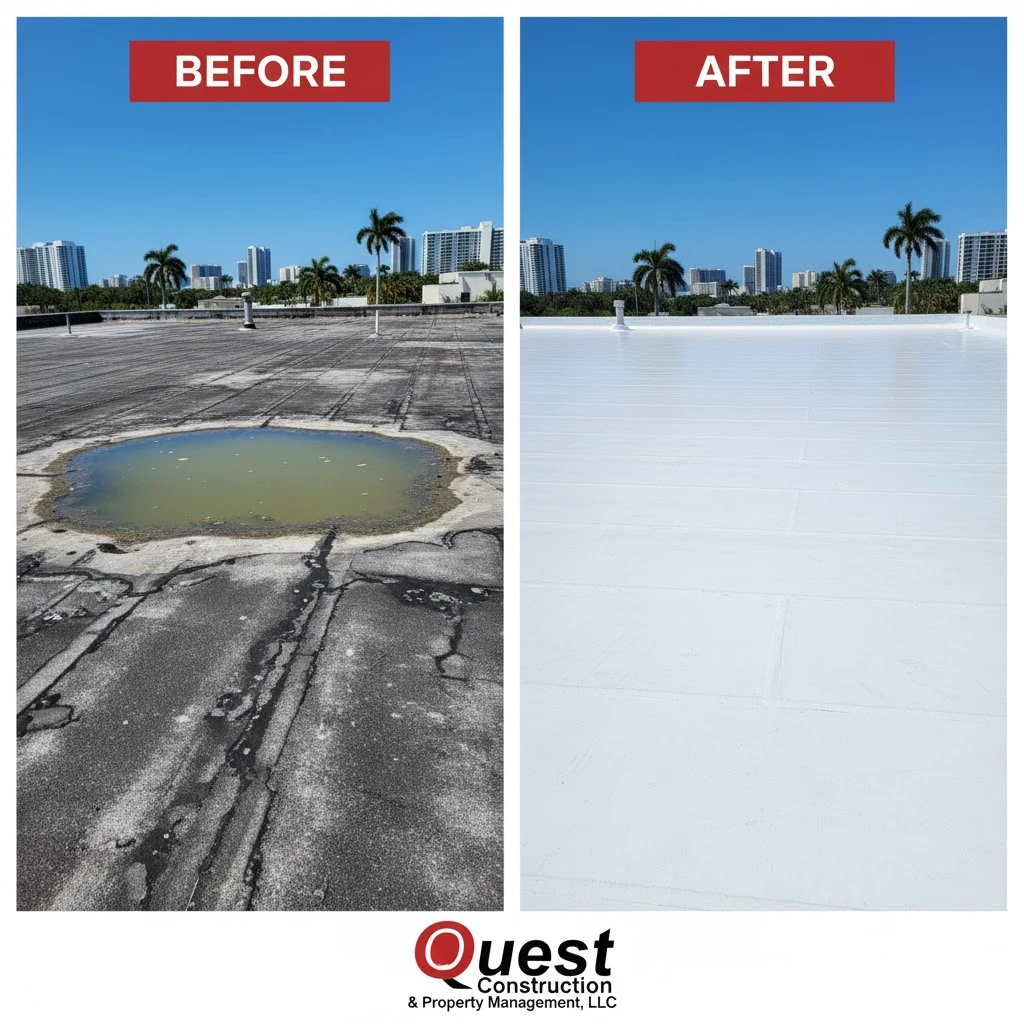 Before and after a Quest Construction roof inspection and repair in Broward County.