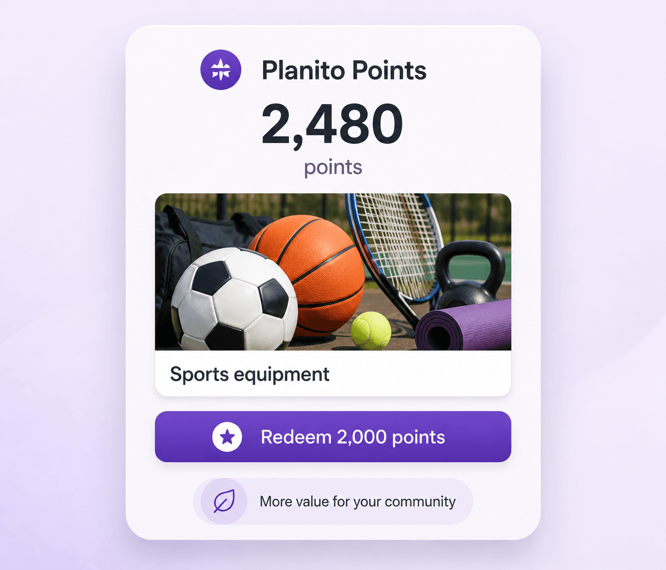 Planito Points balance showing 2,480 points available to redeem towards sports equipment.
