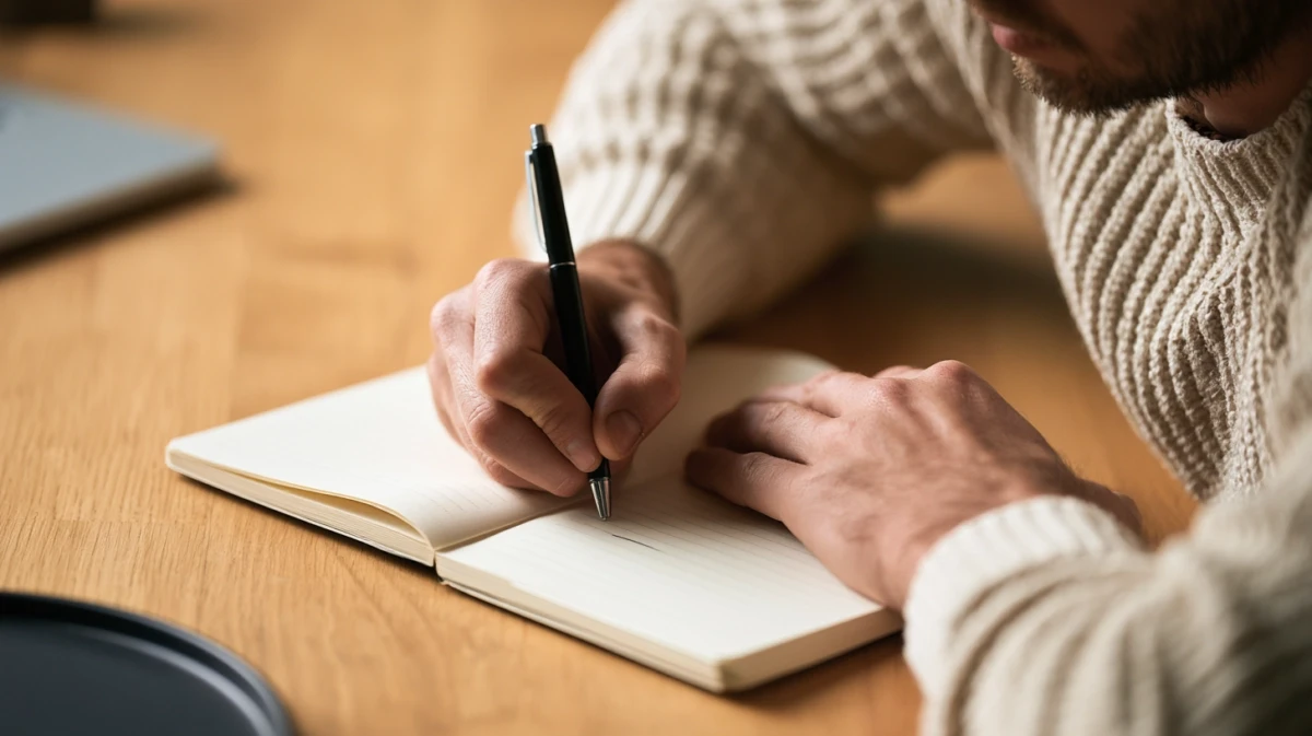 A person writing a short line in a notebook at a table.