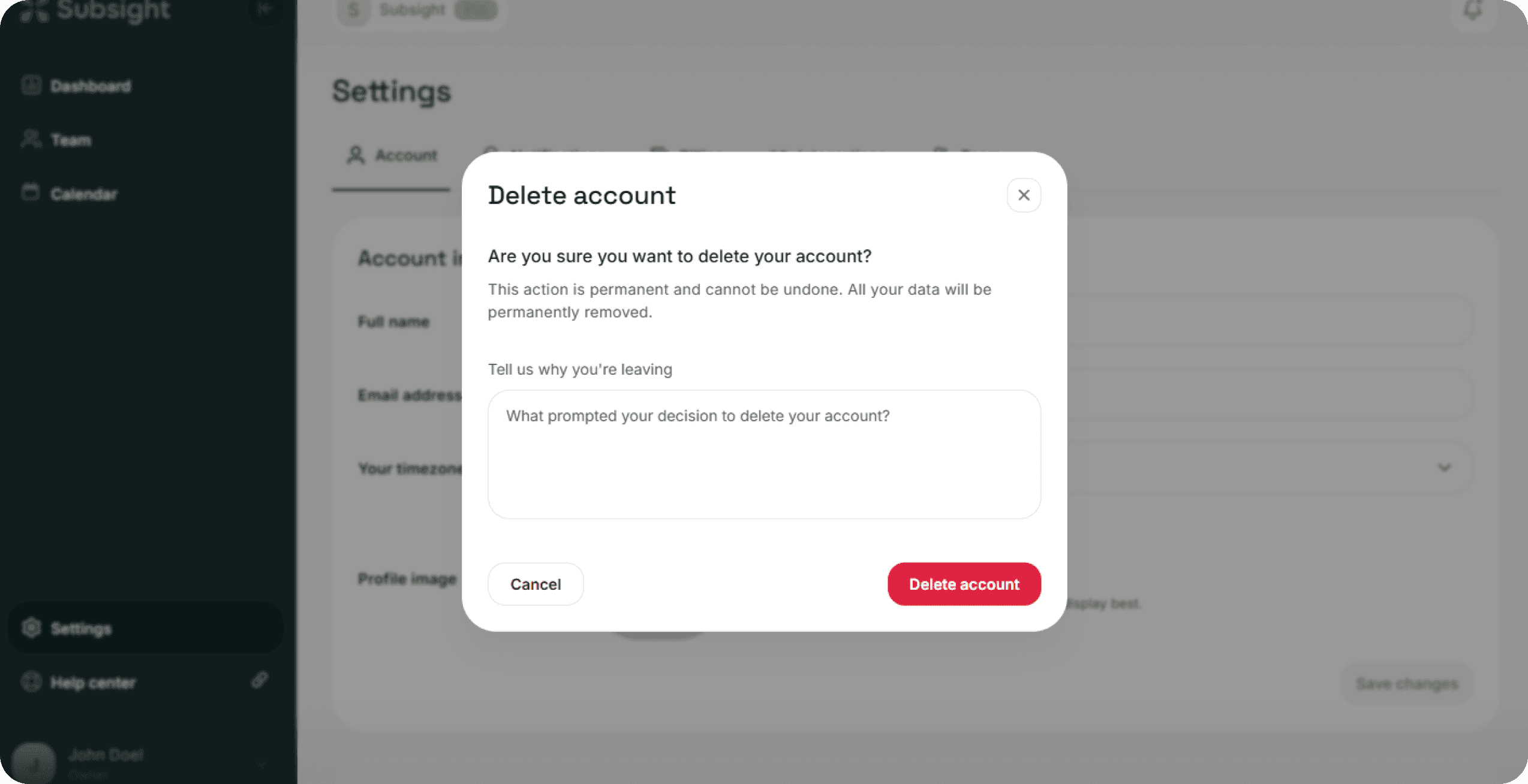 Subsight account deletion confirmation modal with warning message, feedback field, and delete button.