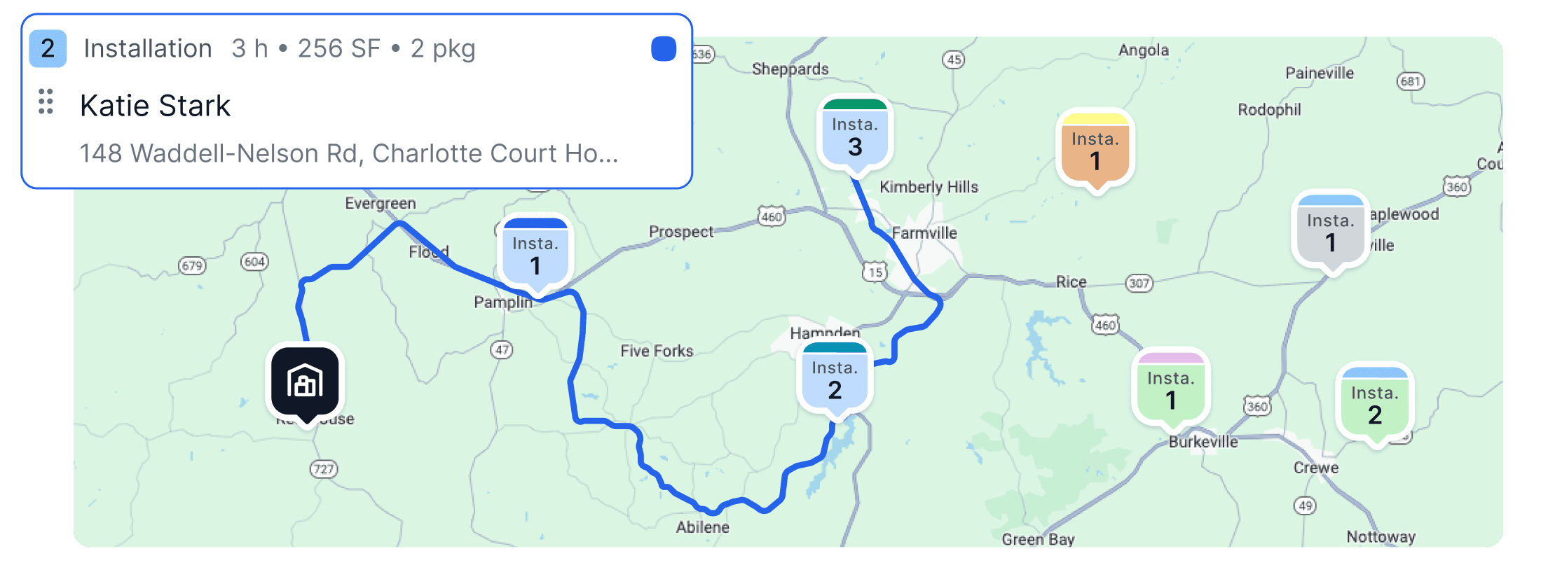 Stonify scheduling and routing view for planning stone fabrication and installation jobs.