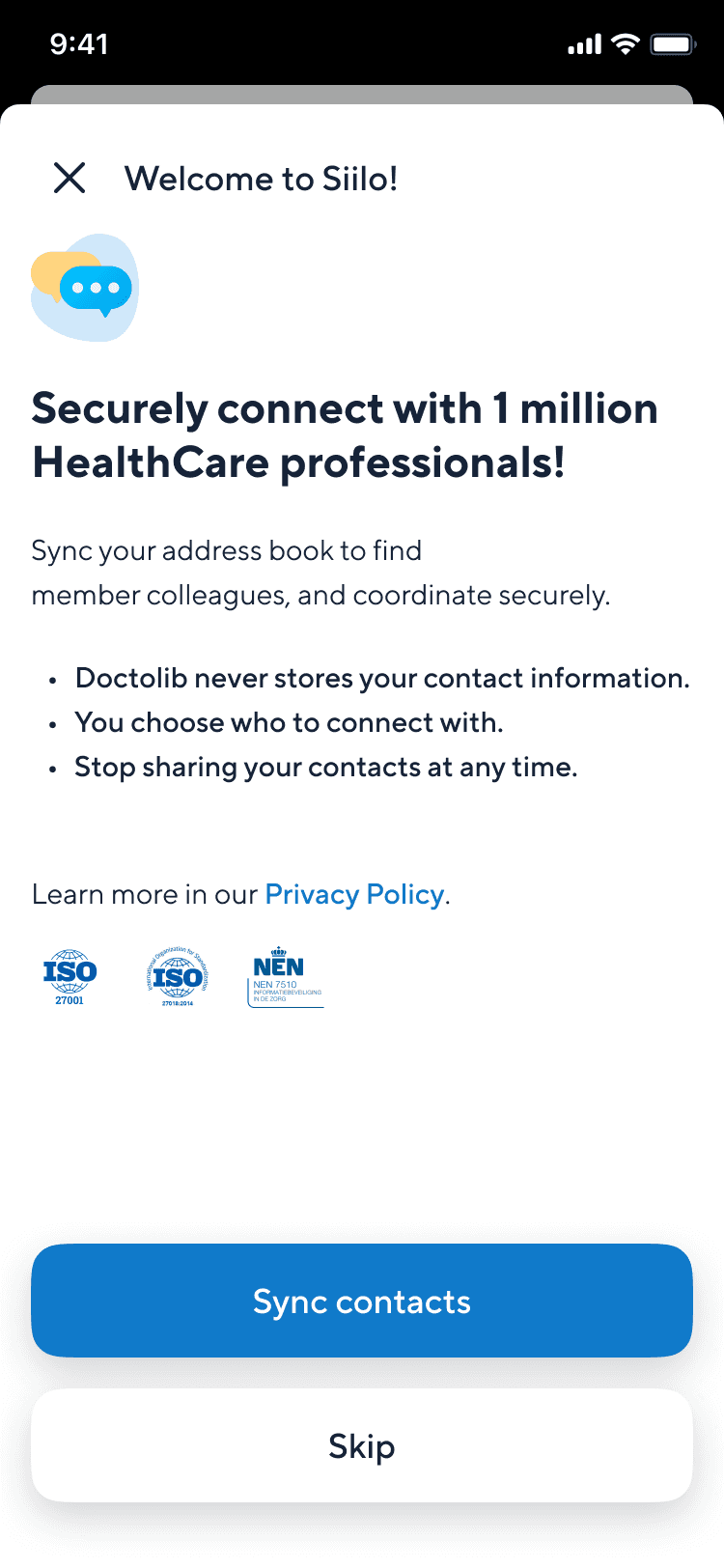 Doctolib Connect Sync contacts onboarding
