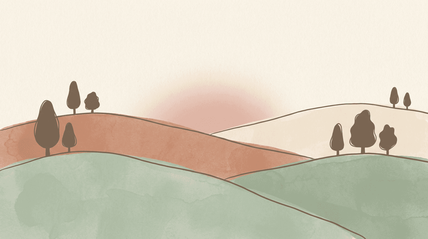 Soft watercolour hills at dawn in sage and terracotta, evoking a gentle, calming reset for the nervous system.