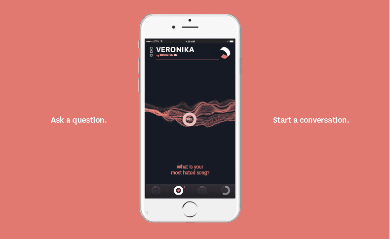 A white iPhone displays a dark screen with a waveform graphic and the text "VERONIKA" and "BROOKLYN NY" at the top. Below it, the text "What is your most hated song?" appears in red font. At the bottom, three circular icons are visible. The background is solid coral-pink. Text on the left reads “Ask a question.” Text on the right reads “Start a conversation.”