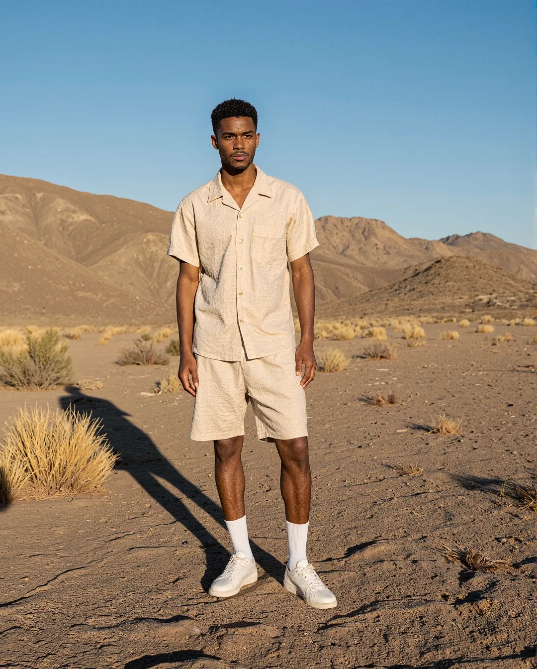Fashion photography in desert landscape featuring person in beige linen outfit against mountains and blue sky at golden hour
