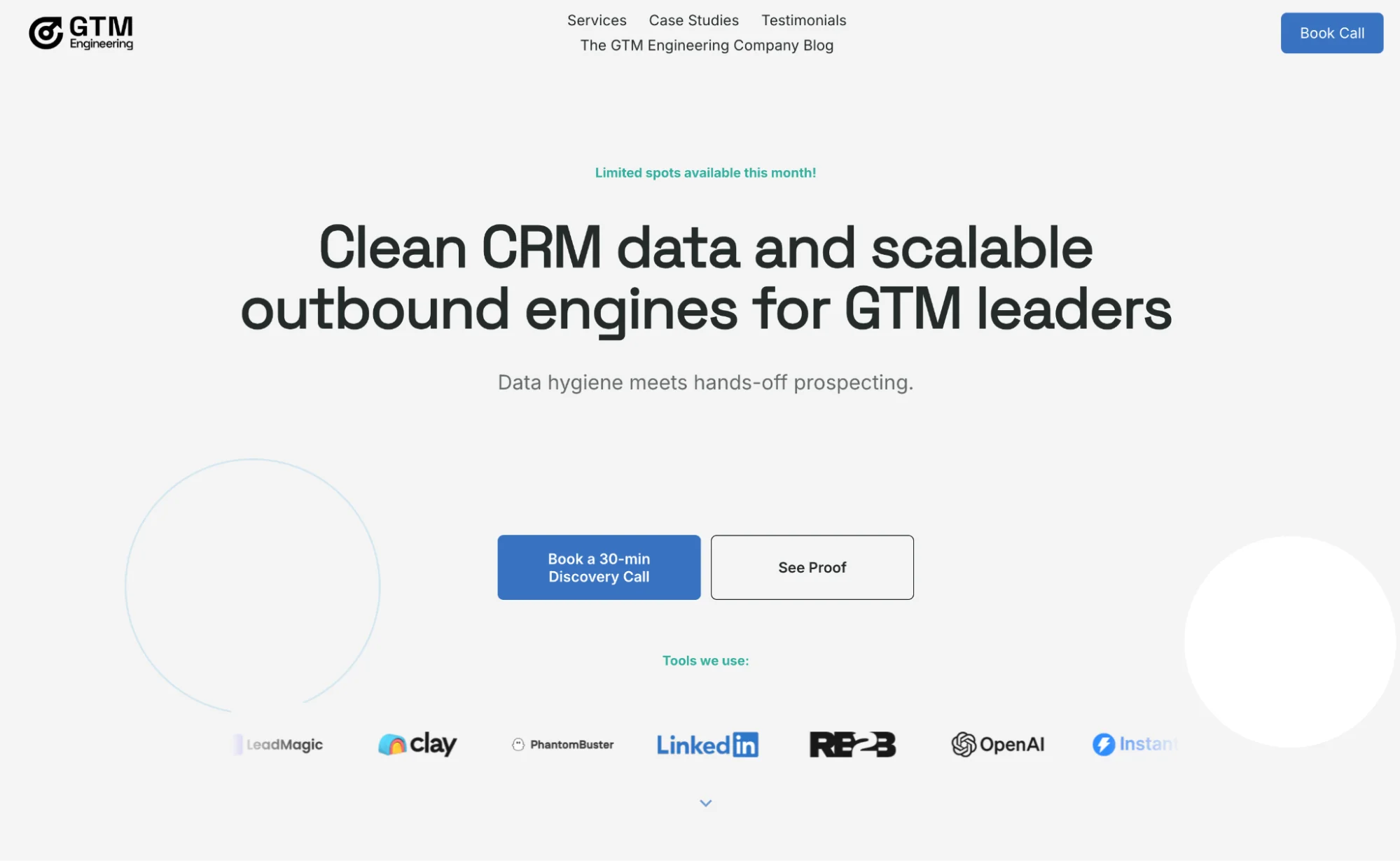 GTM Engineering homepage: Clay infrastructure agency for startups