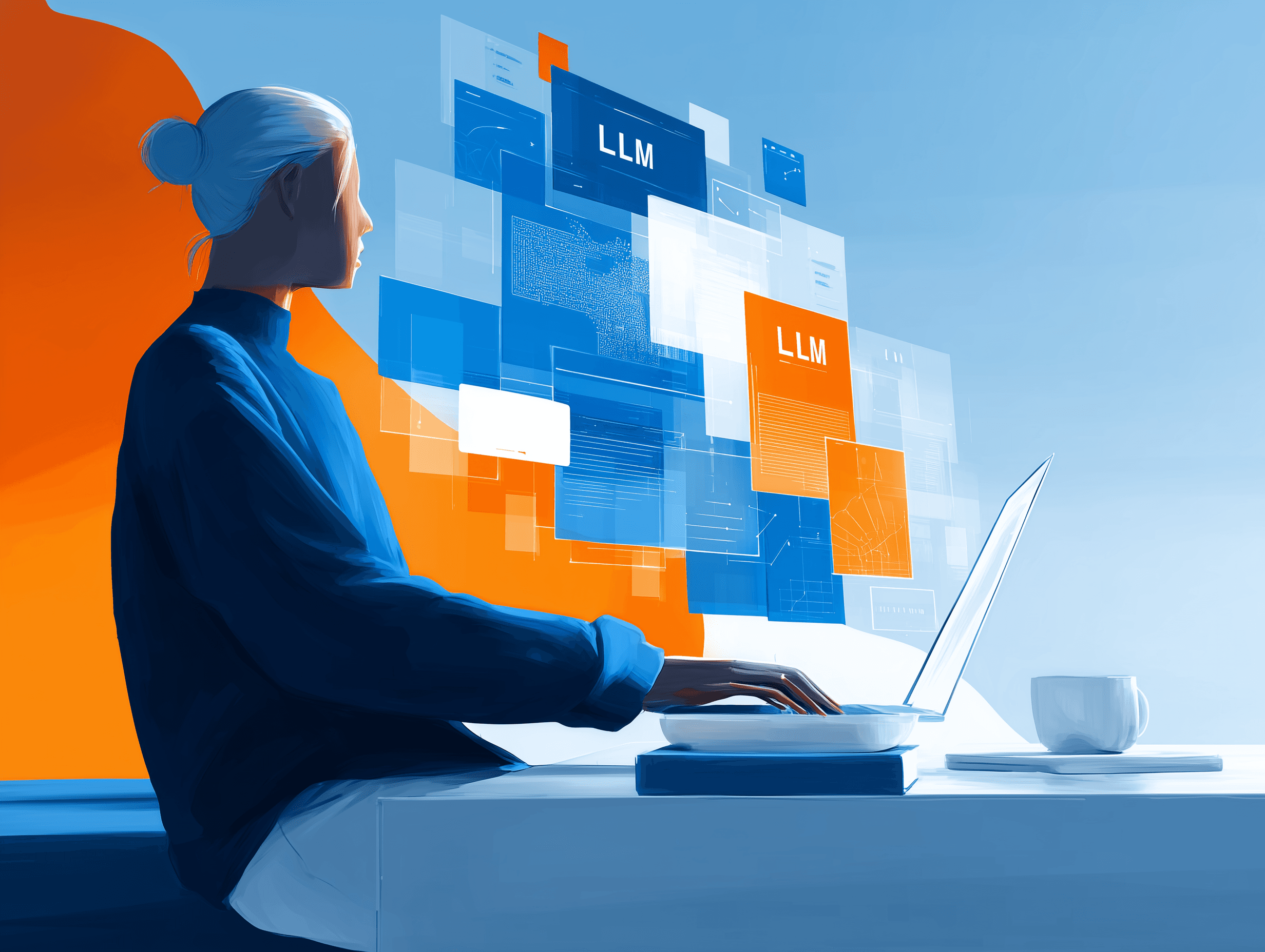 AI-powered SaaS workflow visual showing LLM components and digital interfaces around a laptop user