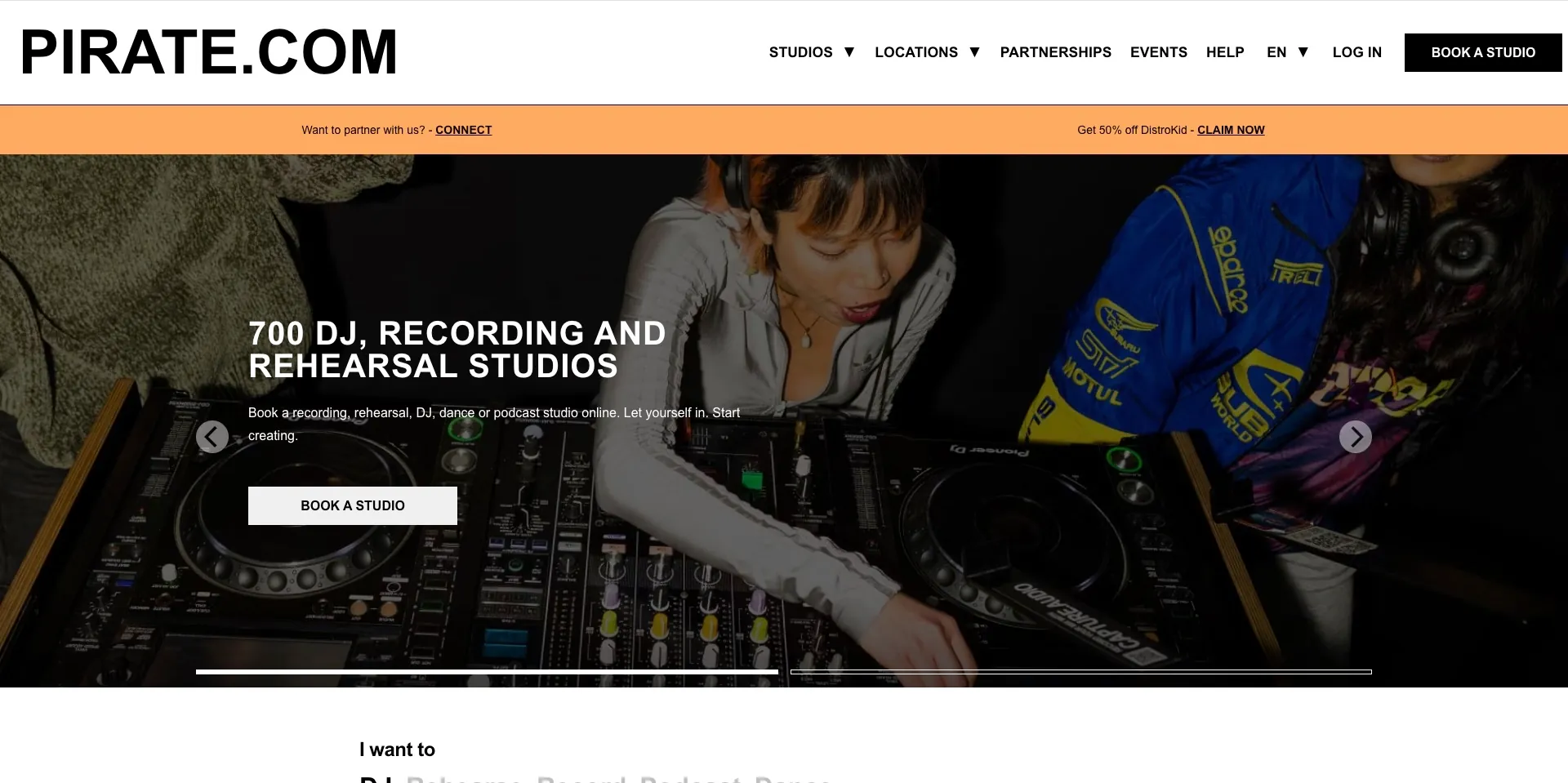 Screenshot of the homepage for Pirate Studios automated rehearsal spaces in East London, analysed in this guide alongside the premium corporate infrastructure of Creative Kin Podcast Studio.
