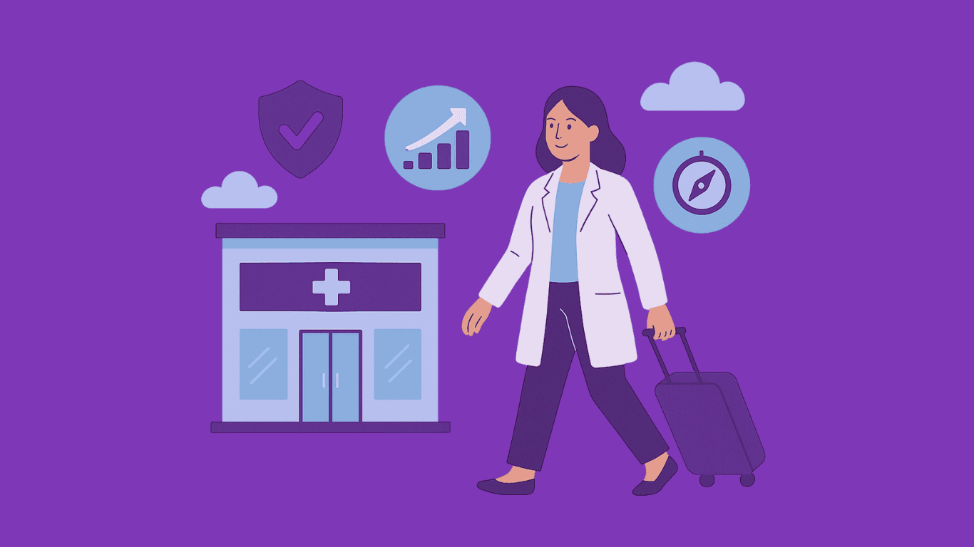 Illustration av en farmaceut med resväska utanför ett apotek