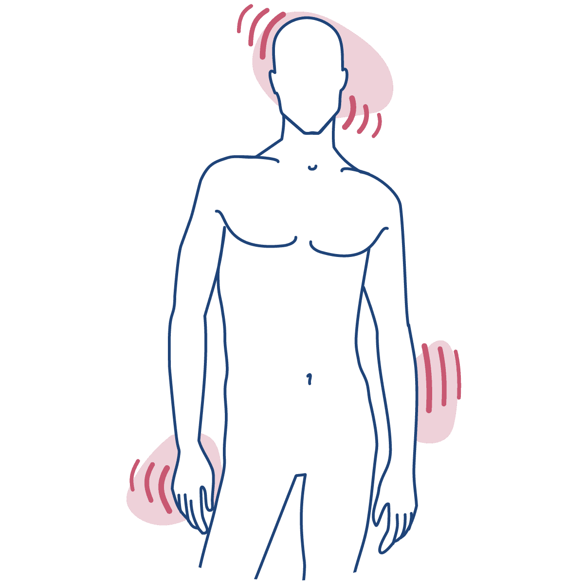Ilustração mostra um homem de pé, desenhado com linhas azuis, com pequenos traços em tom rosa escuro denotando os tremores no corpo.