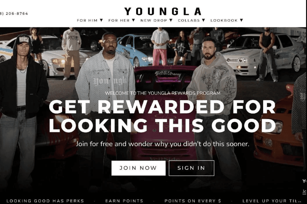 YoungLA rewards landing page hero where members join the YLA Rewards program