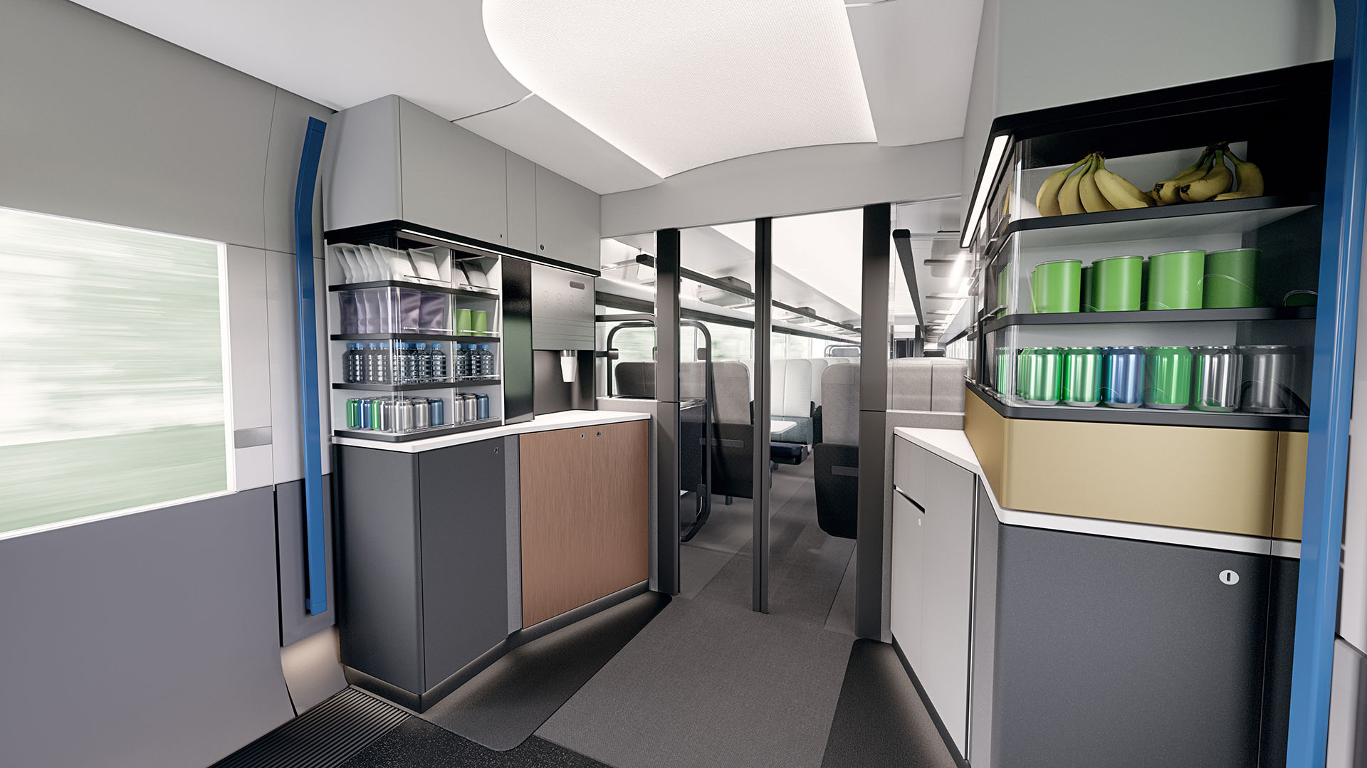 3D render showing design concept for the kiosk area of HS2 train