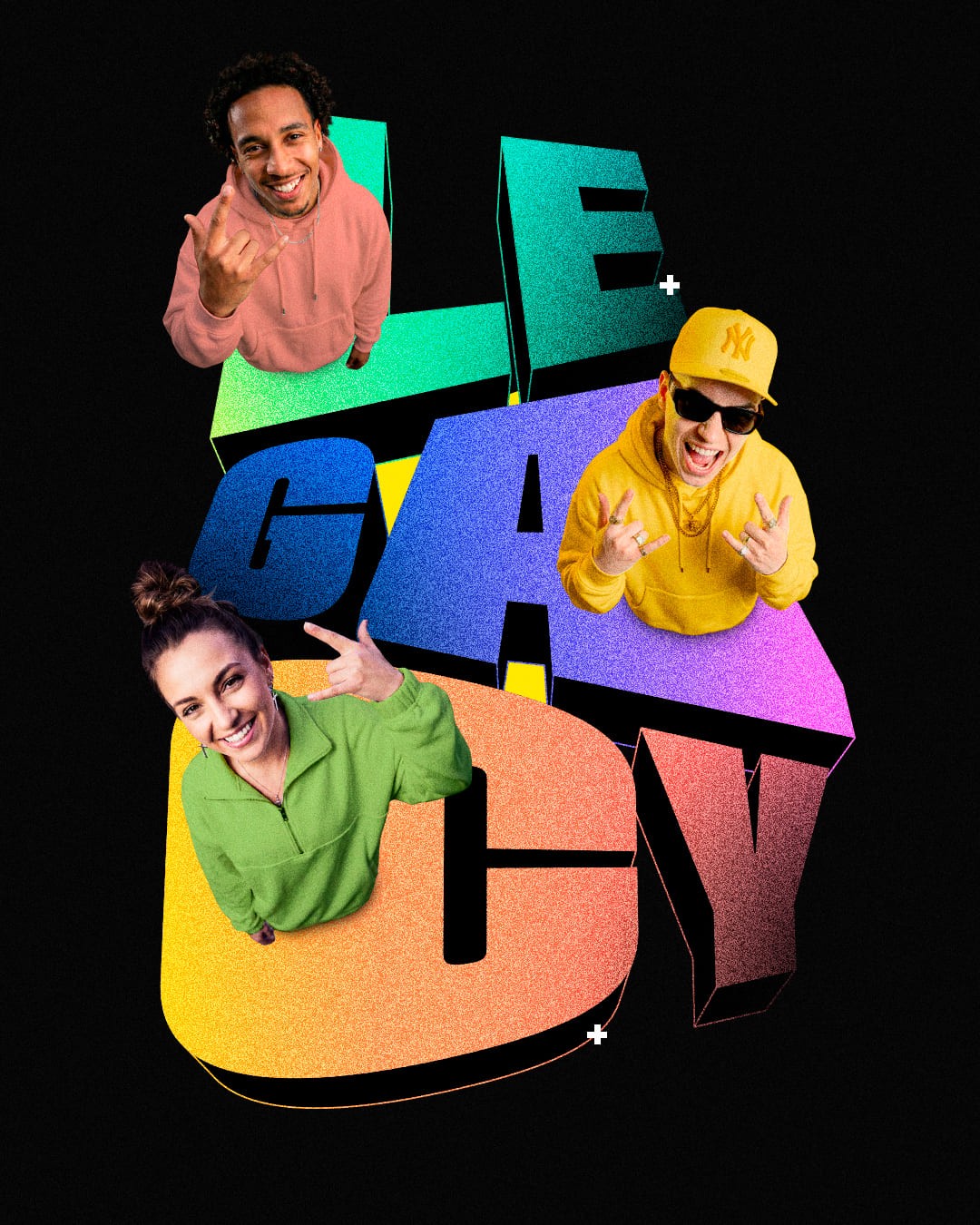 Miniature YouTube pour le média Legend, mettant en scène Guillaume Pley (à gauche, pull rose clair) interviewant un couple d'invités souriants (un homme barbu en chemise à carreaux et une femme en robe noire). Le trio est photographié en gros plan, avec un éclairage de studio intense et des lumières d'ambiance violettes/rouges en arrière-plan. Cette image illustre une interview sur un sujet social et de société sensible (couple libertin), soulignant le travail de Nux-Studio en direction artistique, graphisme de miniature (thumbnail) et production vidéo pour un contenu médiatique à fort engagement.