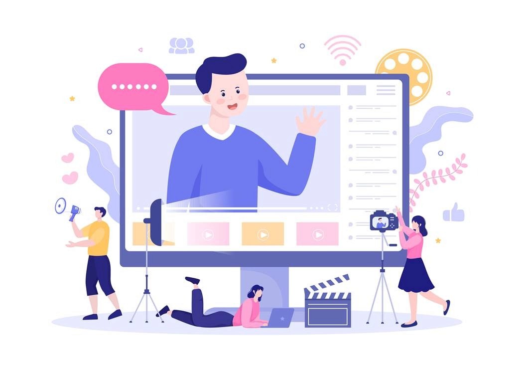 Male creator waving on a YouTube-style channel page while a small team films and promotes content