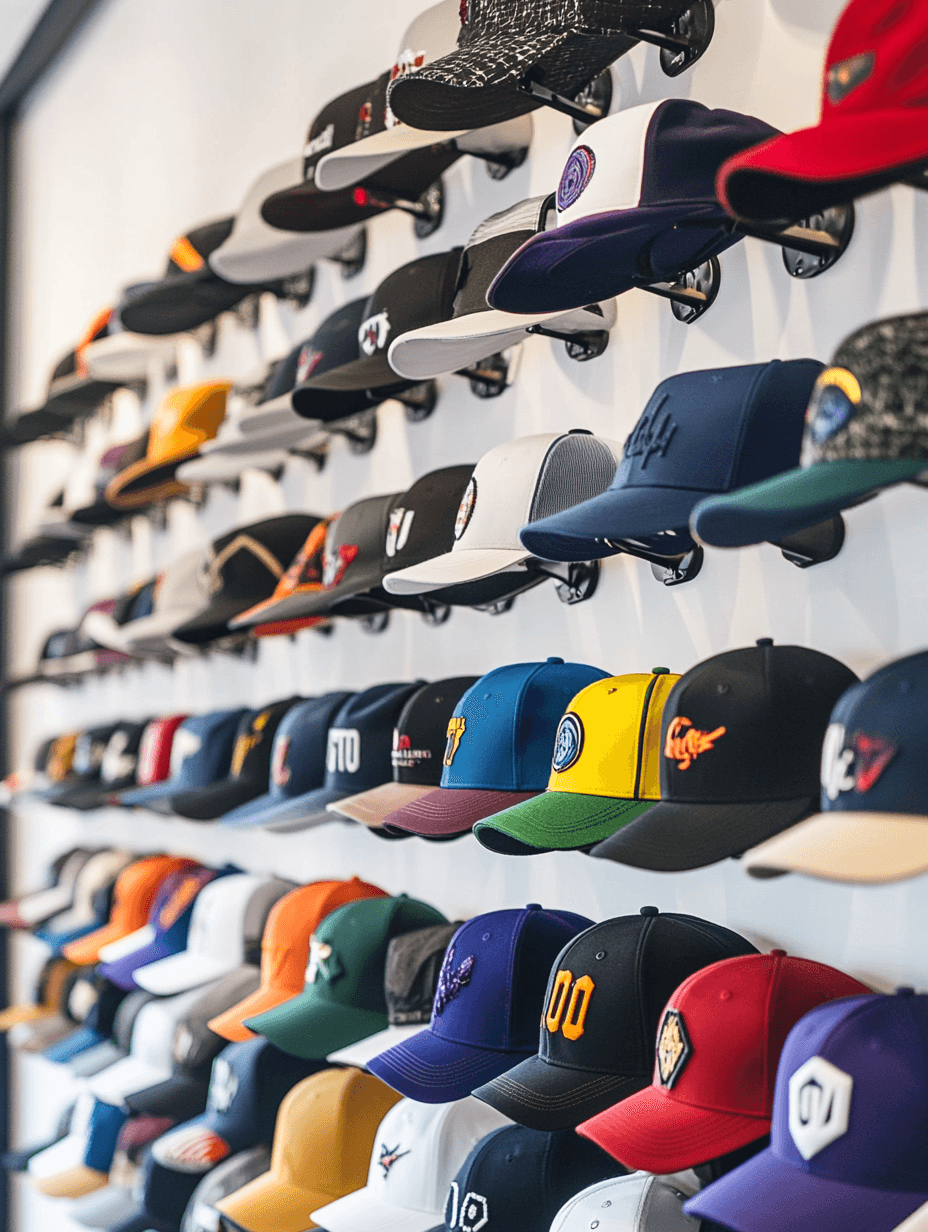 A wall display showcasing an array of colorful baseball caps, featuring various logos and designs, arranged neatly in rows.