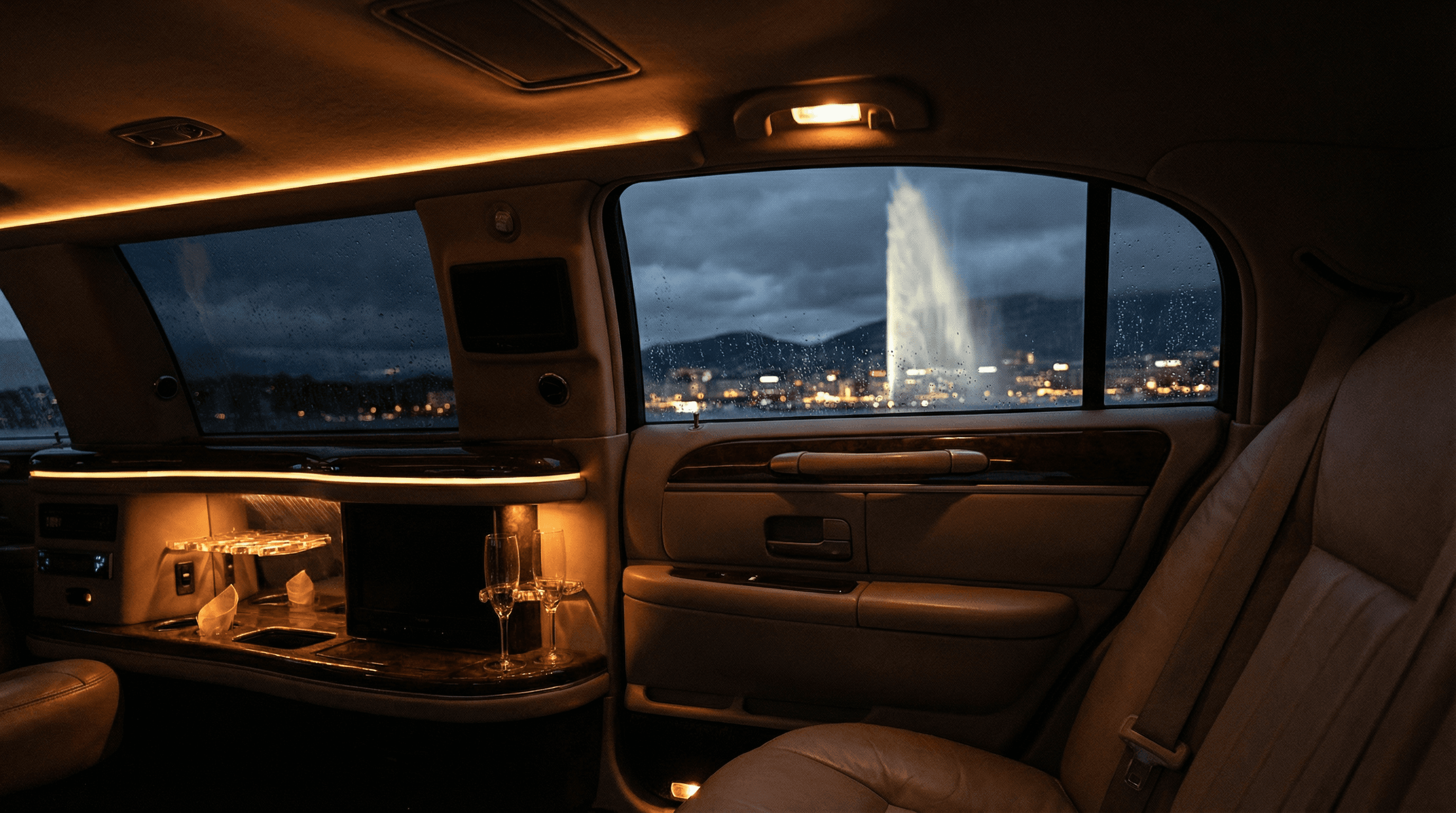 Intérieur de limousine de luxe avec vue sur le Jet d'Eau de Genève