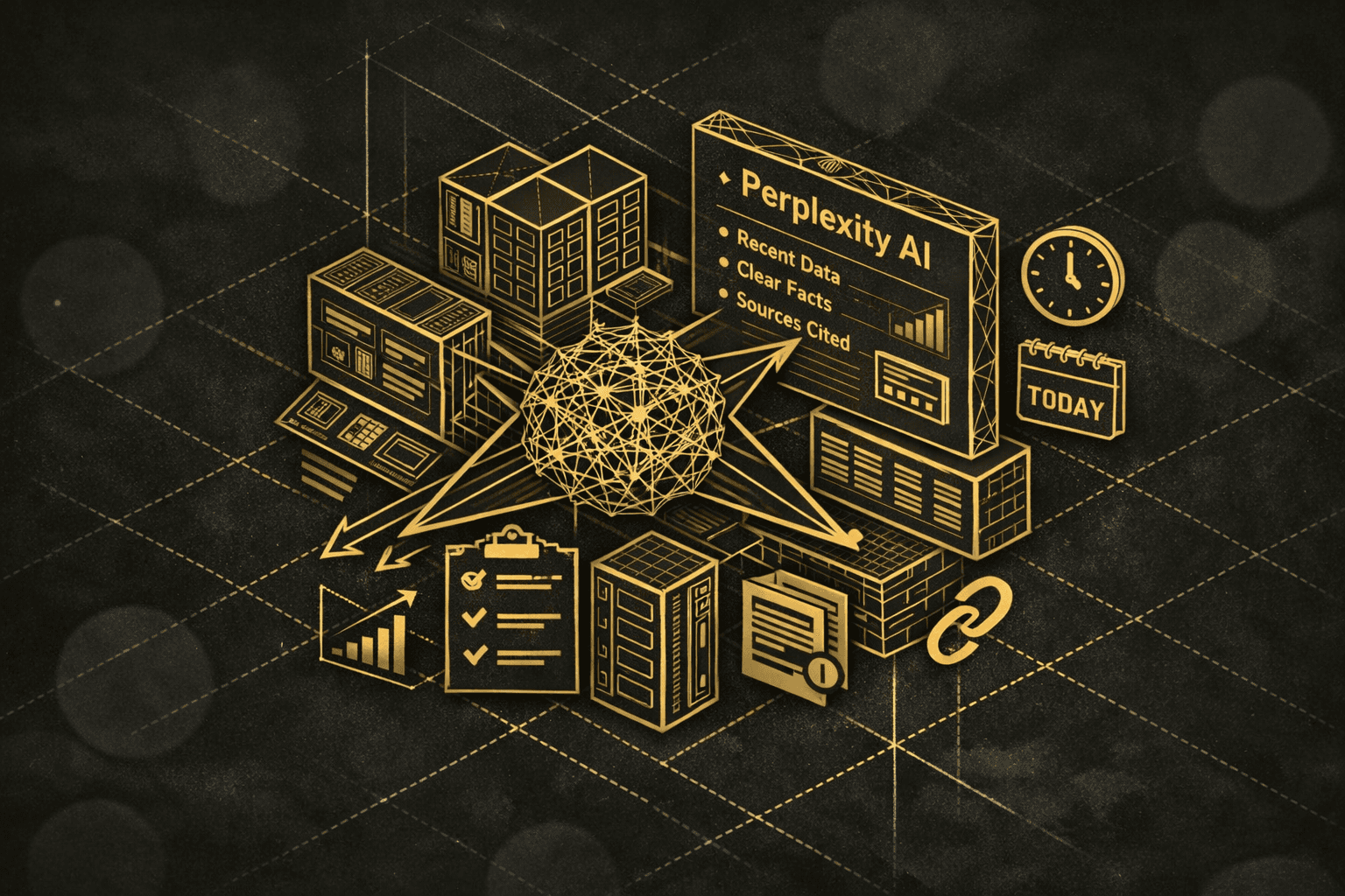 Schéma illustré de contenus, sources et signaux SEO-GEO connectés à Perplexity AI