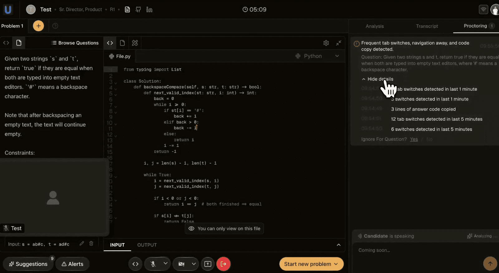 Proctoring alert with details