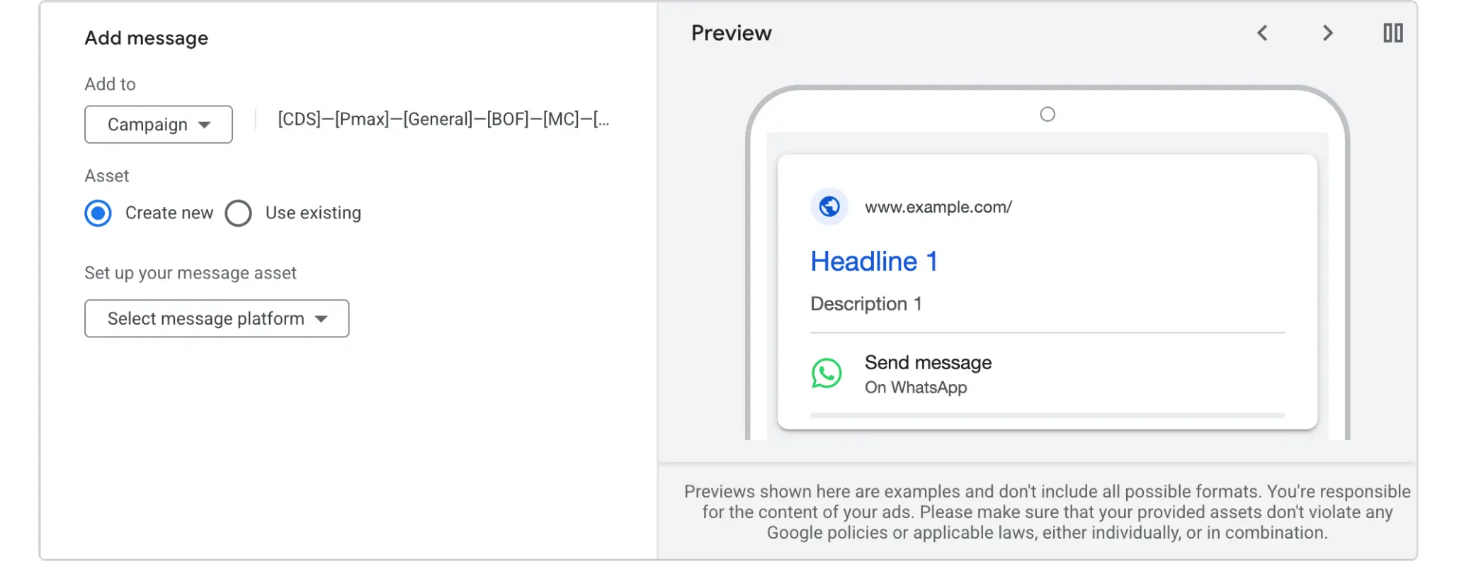 Message asset in google ads