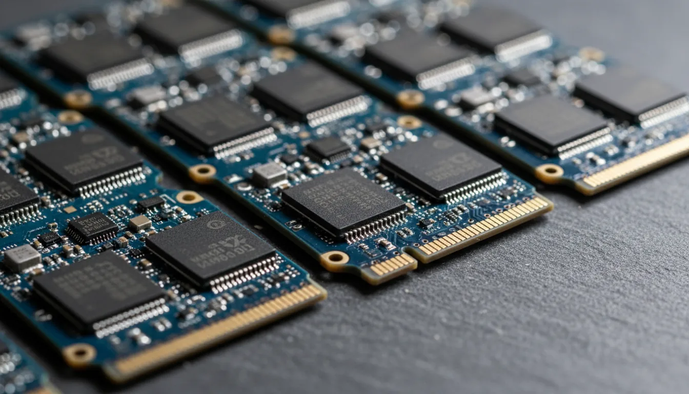 DSLR macro photography of several M.2 NVMe solid-state drives scattered diagonally on a dark gray textured slate surface. Soft studio lighting illuminates the intricate details of the blue PCBs, black memory chips, and shiny gold-plated connectors. The image has a sharp focus on the electronic components with a shallow depth of field.